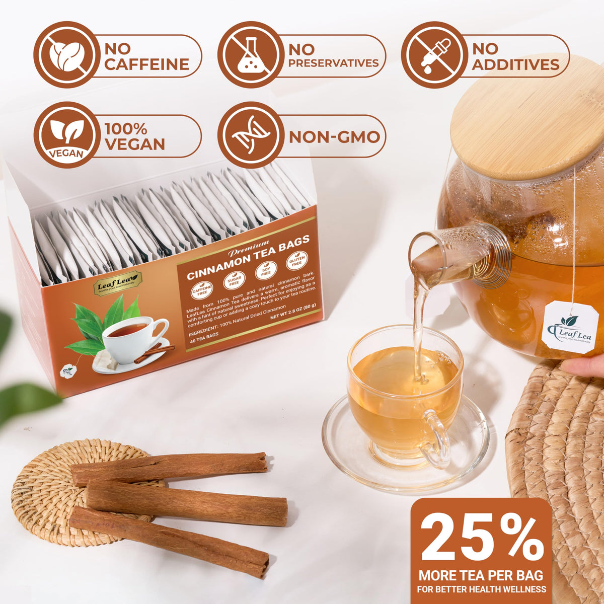 LeafLea Premium Herbal Cinnamon Tea Bags, Caffeine-Free, Sugar-Free, Non-GMO, Vegan, 120 Bags (Pack of 3)