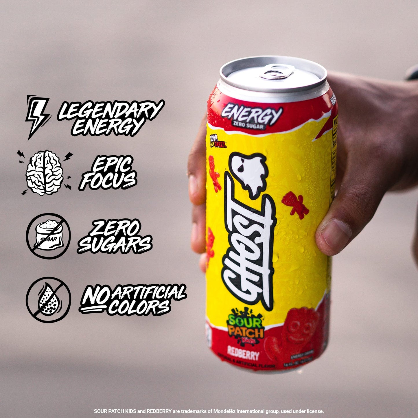 GHOST Energy Drink - 12-Pack  Sour Patch Kids Redberry  16oz - Energy & Focus & No Artificial Colors - 200mg of Natural Caffeine  L-Carnitine & Taurine - Gluten-Free & Vegan