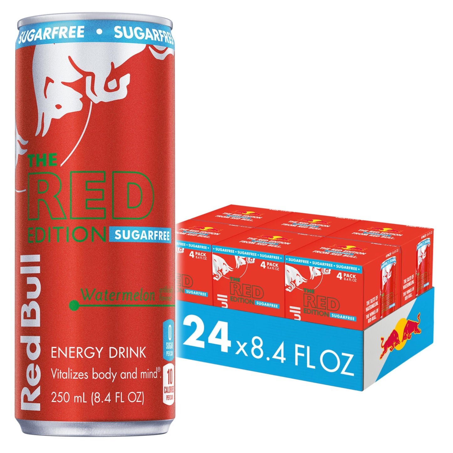 Red Bull Red Edition Sugar Free Energy Drink  Watermelon  with 80mg Caffeine plus Taurine & B Vitamins  8.4 Fl Oz  6 Packs of 4 Cans (Pack of 24)