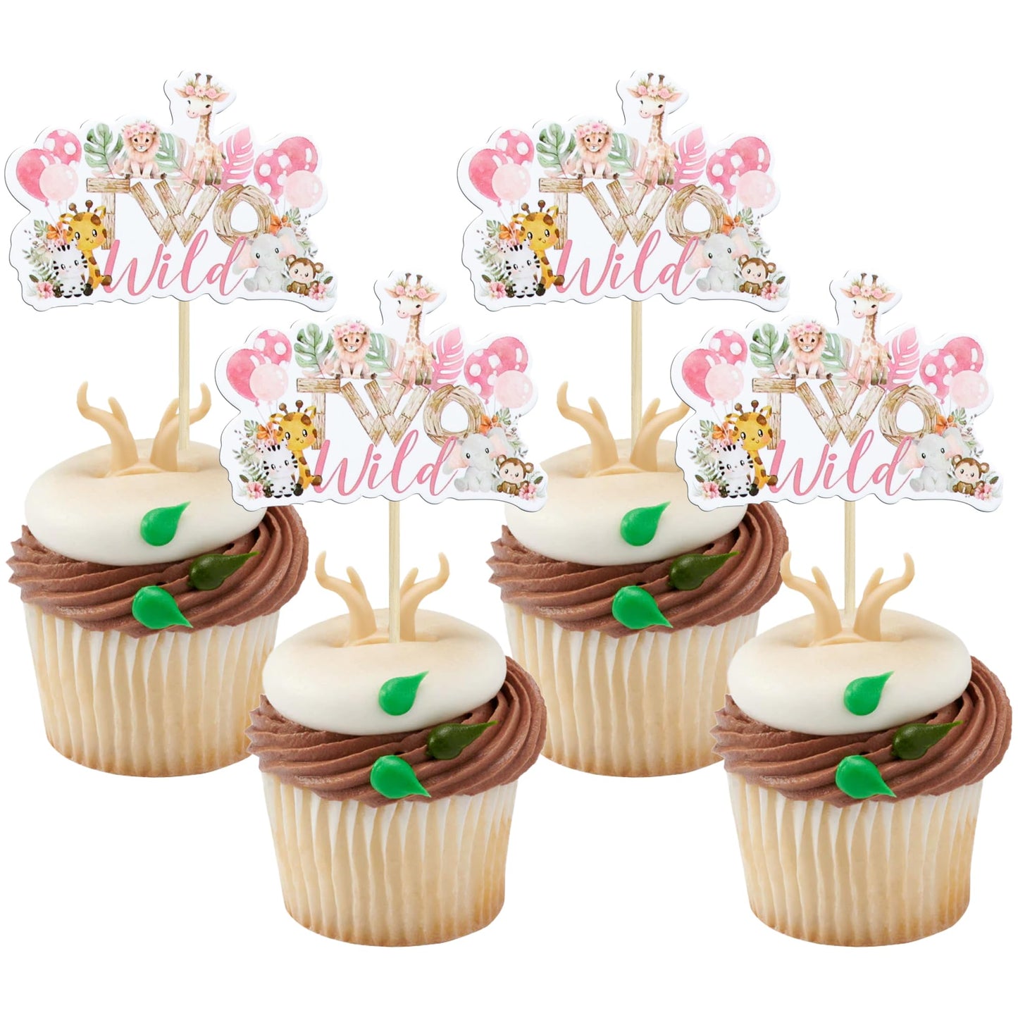 Gyufise Jungle Animal Cupcake Toppers, 36 Pcs, Pink Paper Picks for 2nd Birthday & Baby Shower Decorations