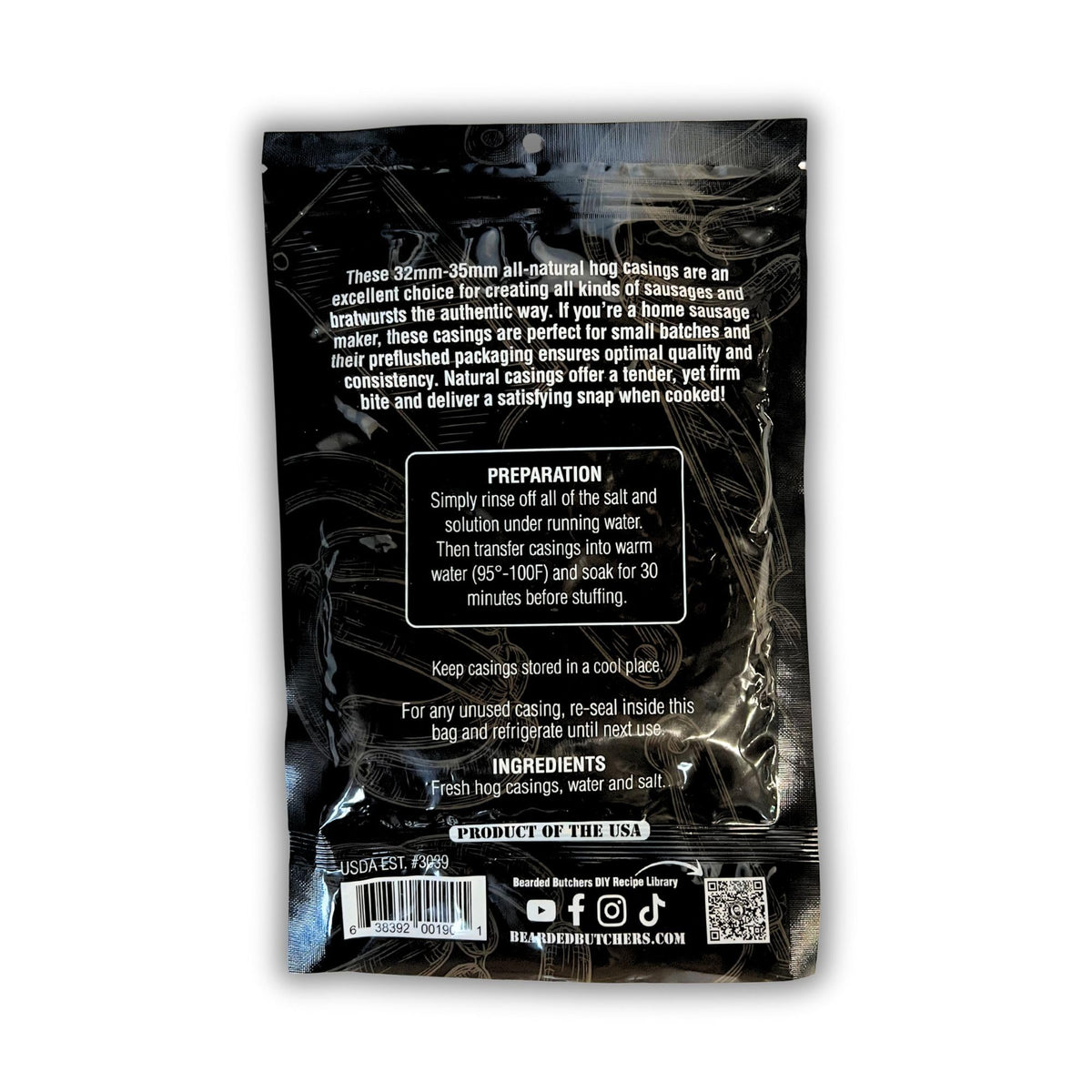 BEARDED BUTCHER BLEND SEASONING Natural Hog Casings for Sausage 32-35mm, 8 Ounce, Edible, Resealable Bag