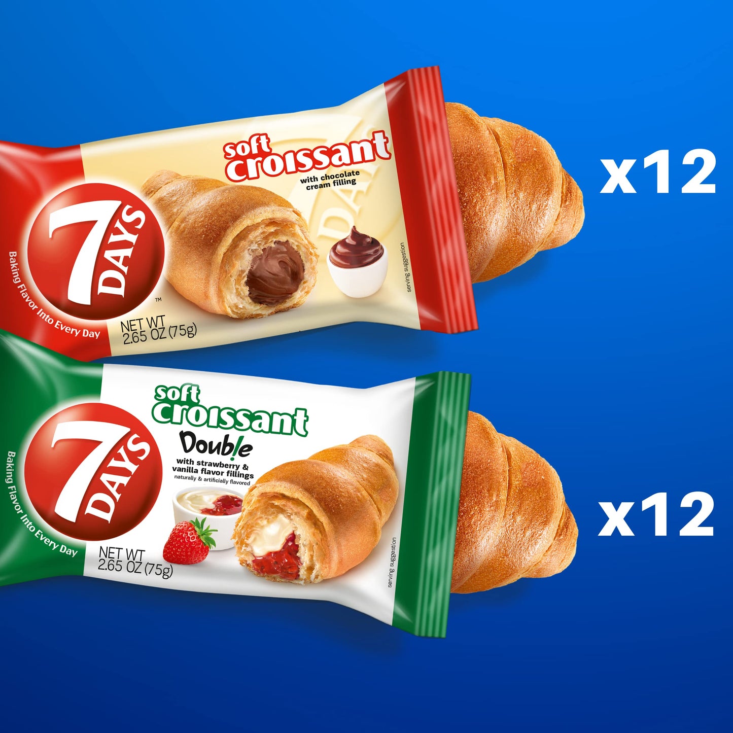 7Days Soft Croissant Variety Pack (24 Count), 12 Chocolate, 12 Strawberry Vanilla, Breakfast Pastry, Individually Wrapped On The