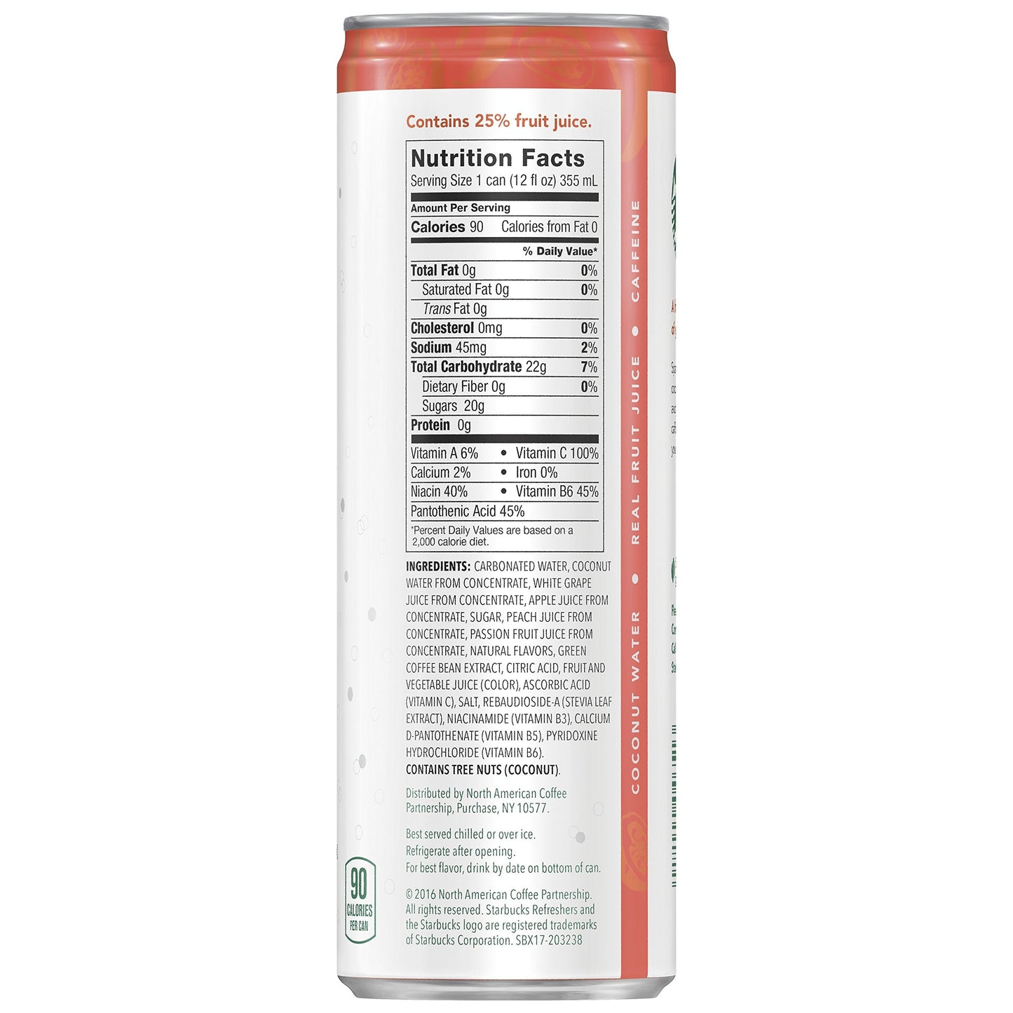 Starbucks RTD Coffee and Refreshers with Coconut Water, Peach Passion Fruit, 12 fl oz, Pack of 12 Cans