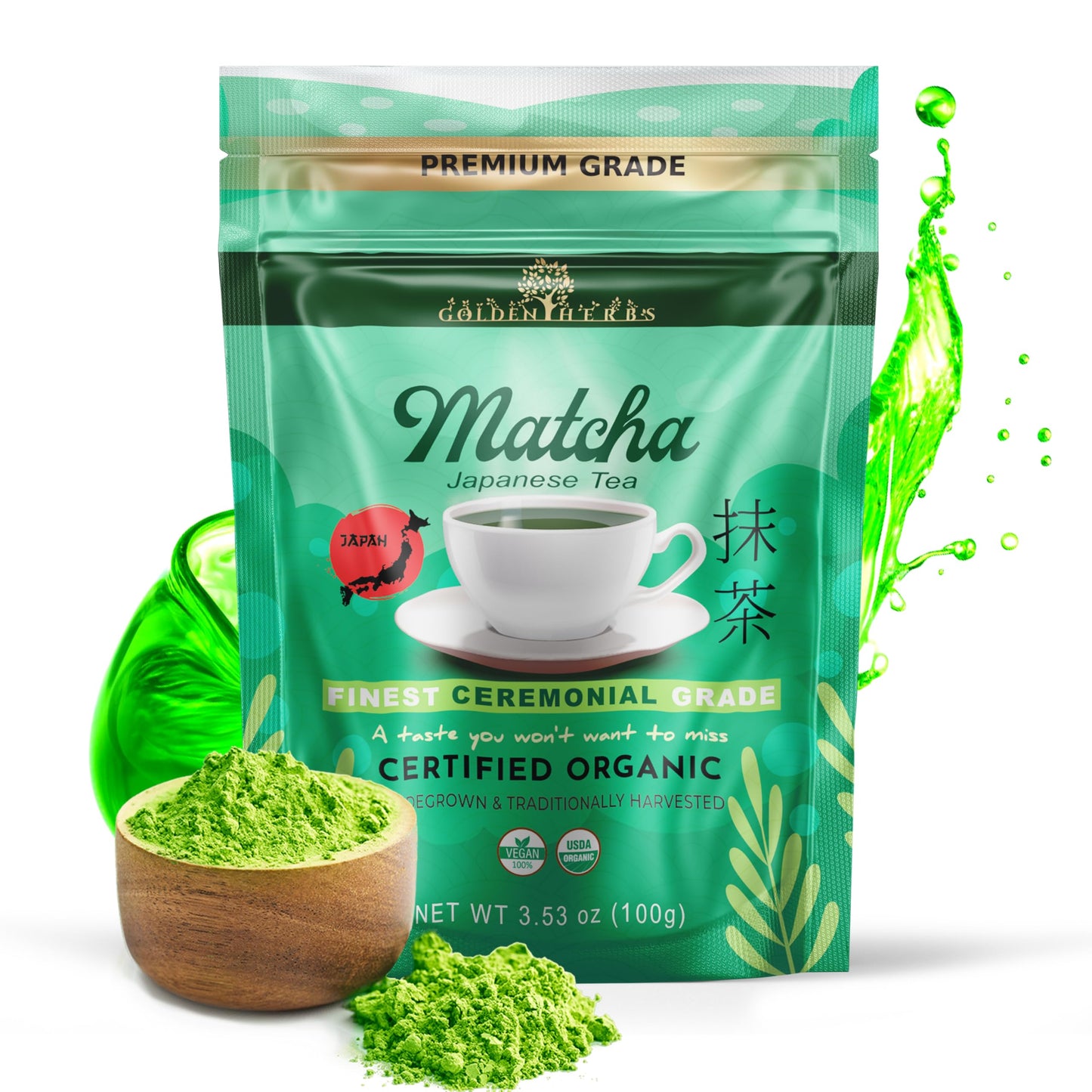 GOLDEN HERBS Matcha Green Tea Powder, USDA Organic, Gluten-Free, 100% Pure, 120 Grams, Resealable Pouch