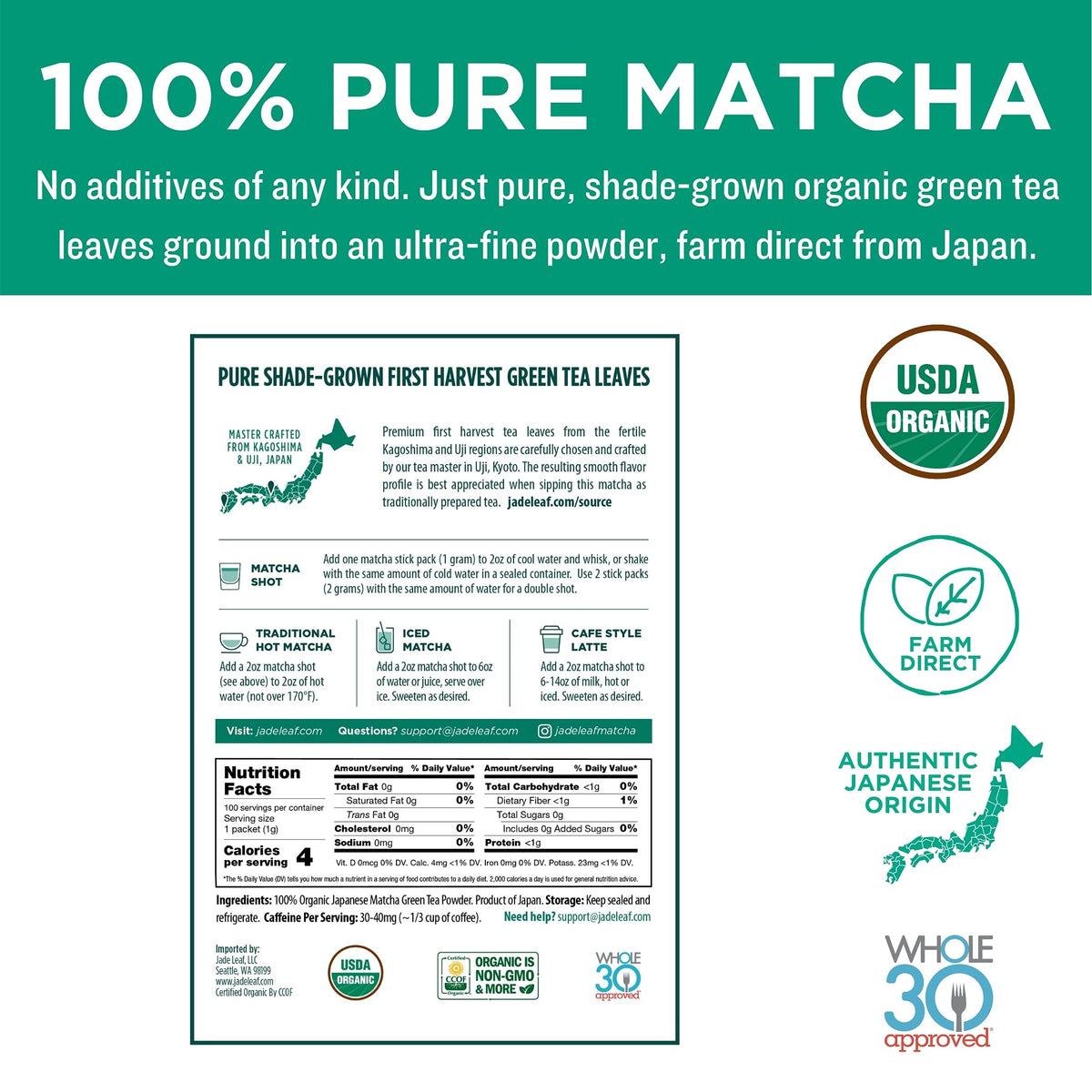 Jade Leaf Matcha Organic Ceremonial Grade Green Tea Powder - Farm Direct First Harvest - Single Serve Stick Packs - Authentic Japanese Origin (100 Count Single Serve Stick Pack Box)