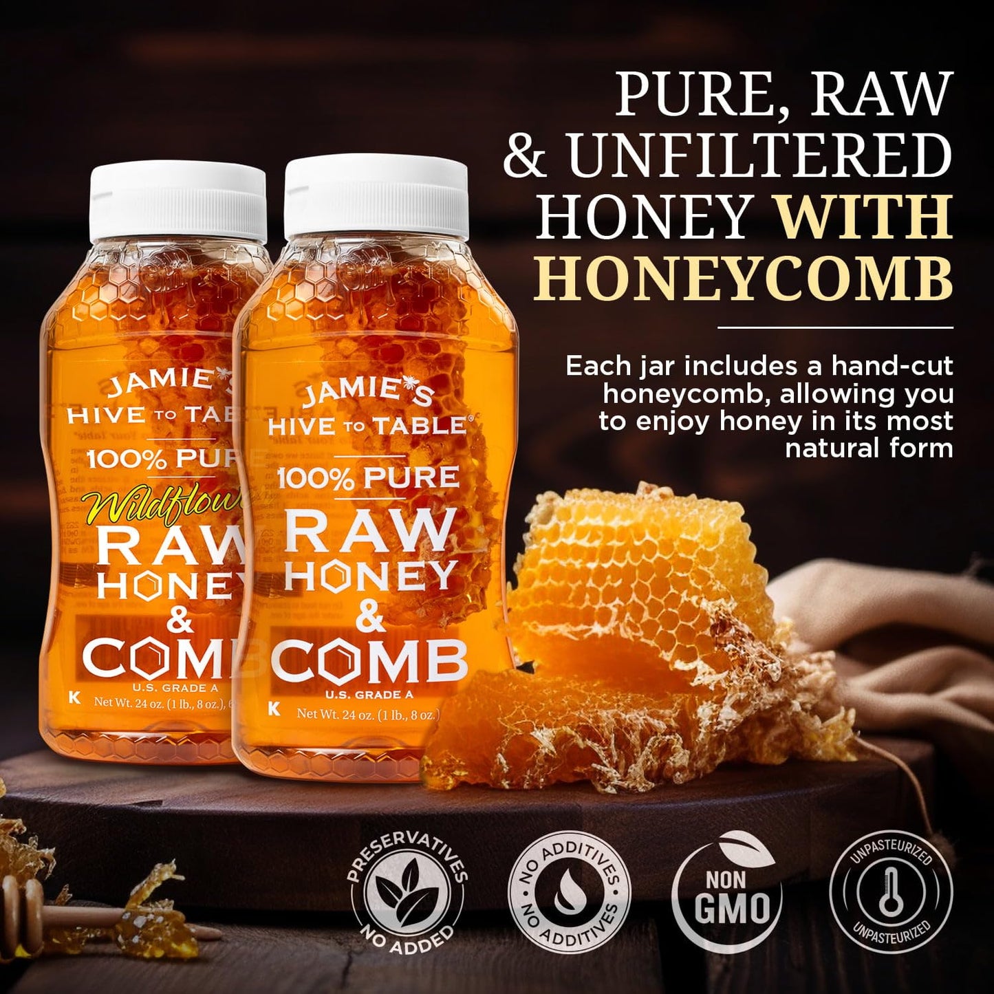 JAMIES HIVE TO TABLE Raw Unfiltered Honey & Honeycomb - 24oz Squeeze Bottle, 2 Pack