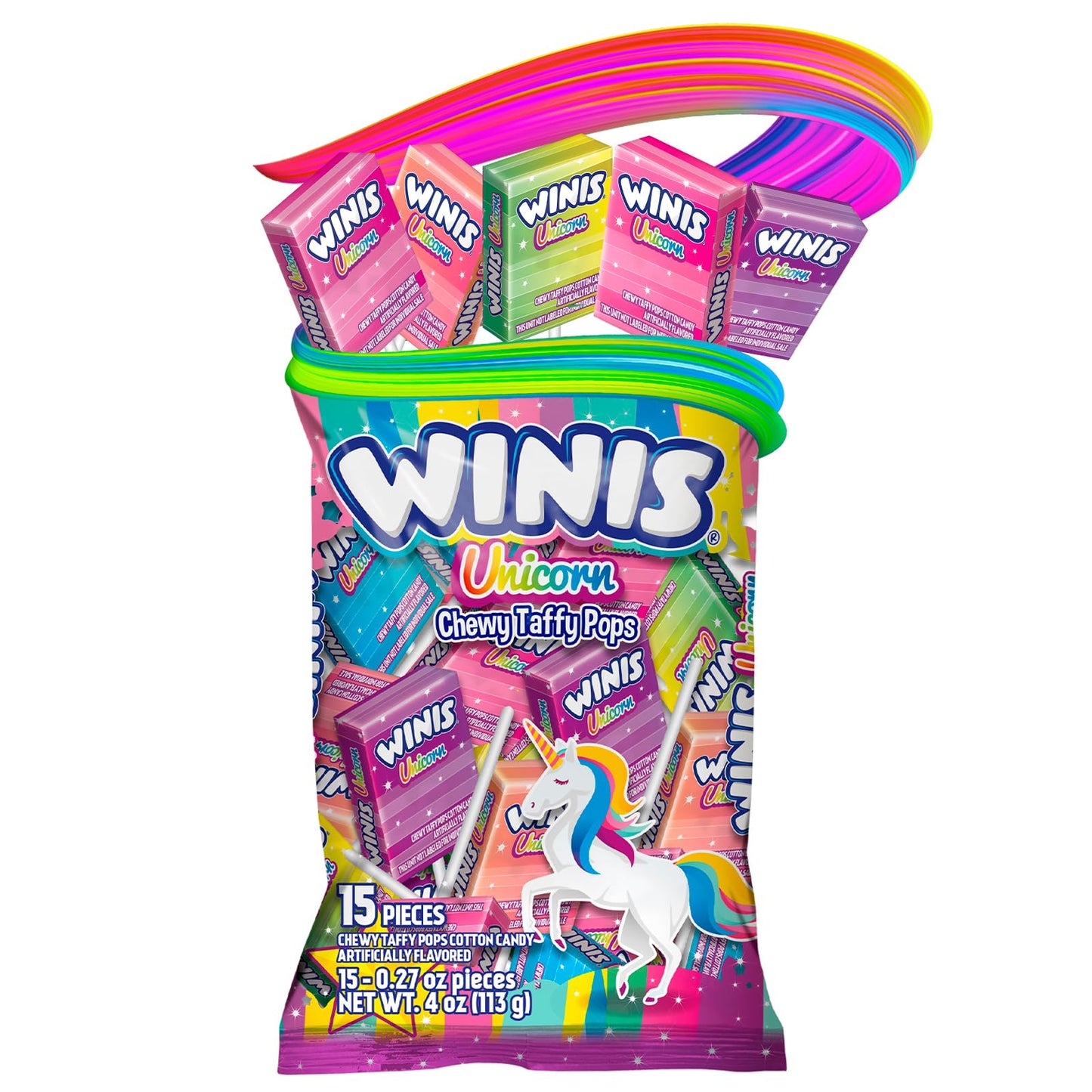 Winis Unicorn Chewy Taffy Pops - Cotton Candy Flavor, Sharing Size 4.3 Oz Bag, 15 Pieces, Pink