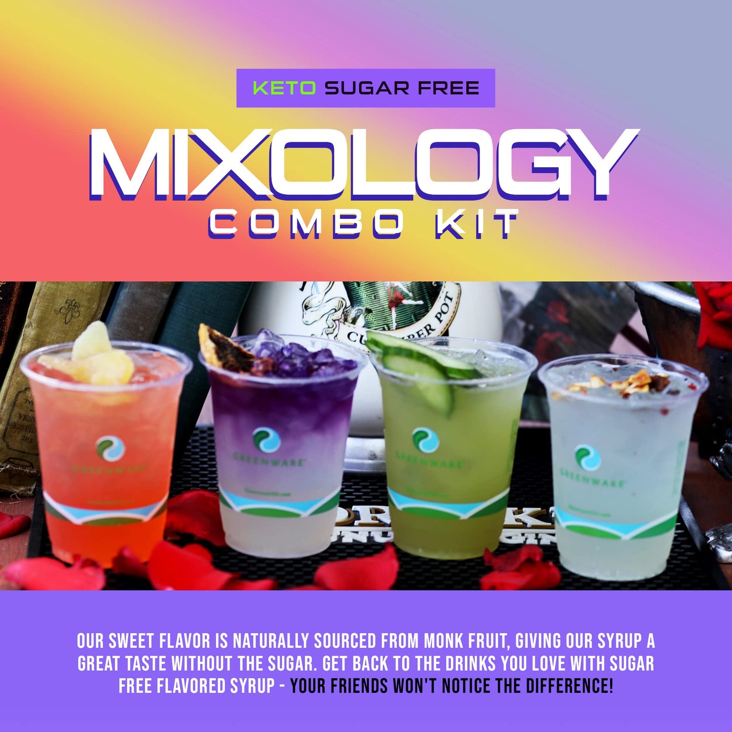 Top Hat Provisions Skinny Keto Cocktail Mixer Set - 4 Pack - 32 Fl Oz Bottles - Ginger Syrup, Tonic Syrup, Margarita Mix