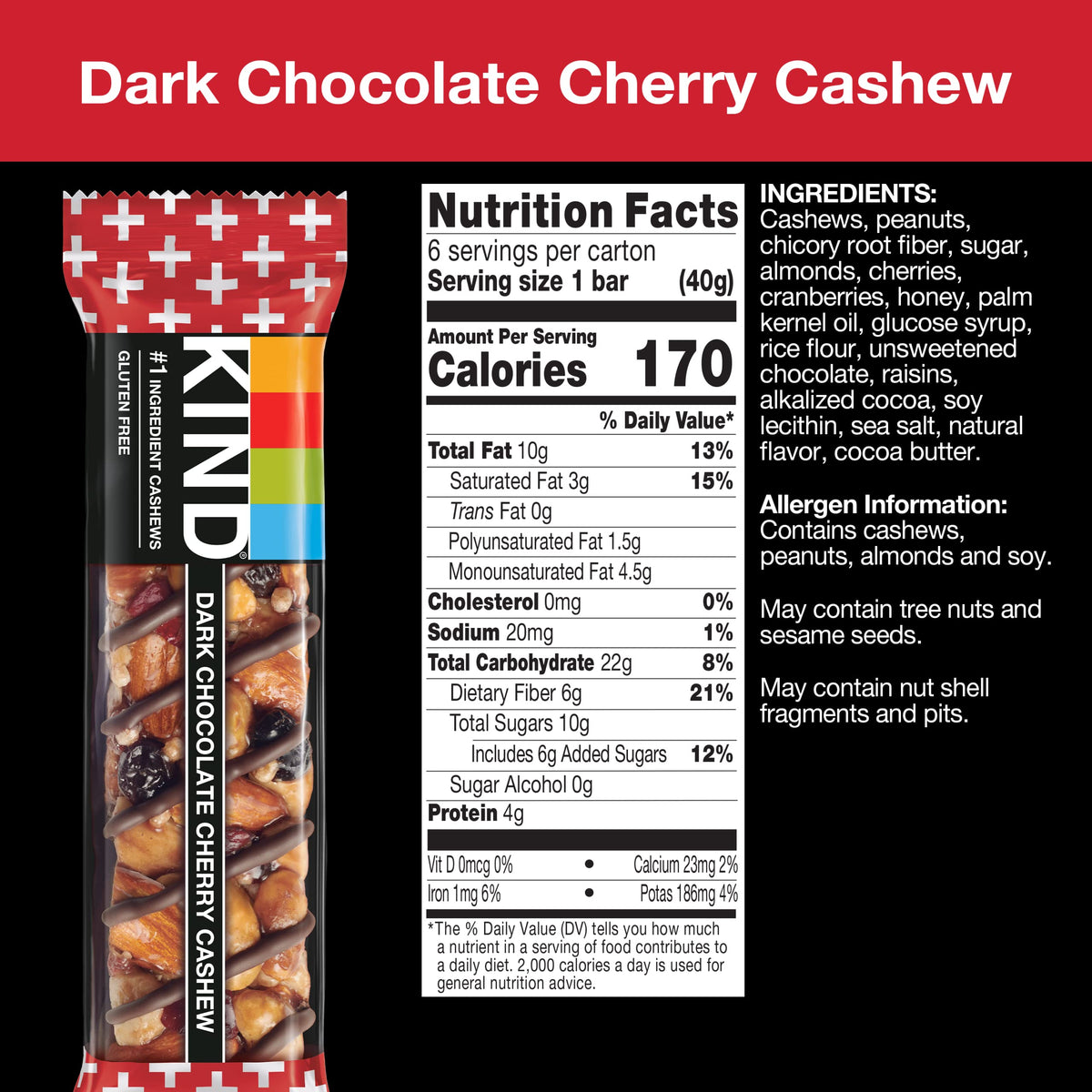 Kind Bars, Dark Chocolate Cherry Cashew, Healthy Snacks, Gluten Free, 24 Count
