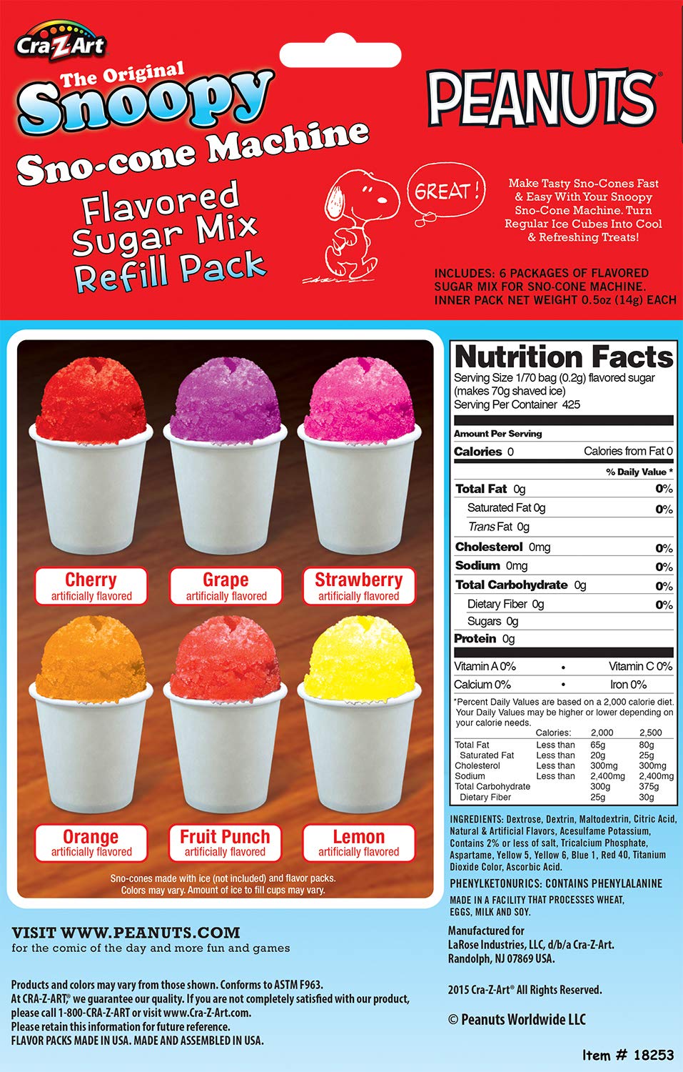 Cra-Z-Art Snoopy Snow Cone Maker Refill, 3 oz, Small Size, Plastic, Multiple Colors, Model 18253WM-4