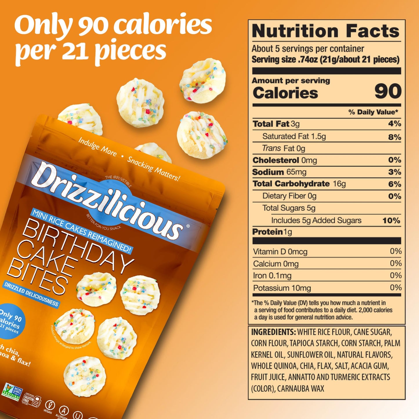 Drizzilicious Mini Rice Cakes - Vegan, Gluten Free, 90 Calories, 4 oz (Pack of 2)