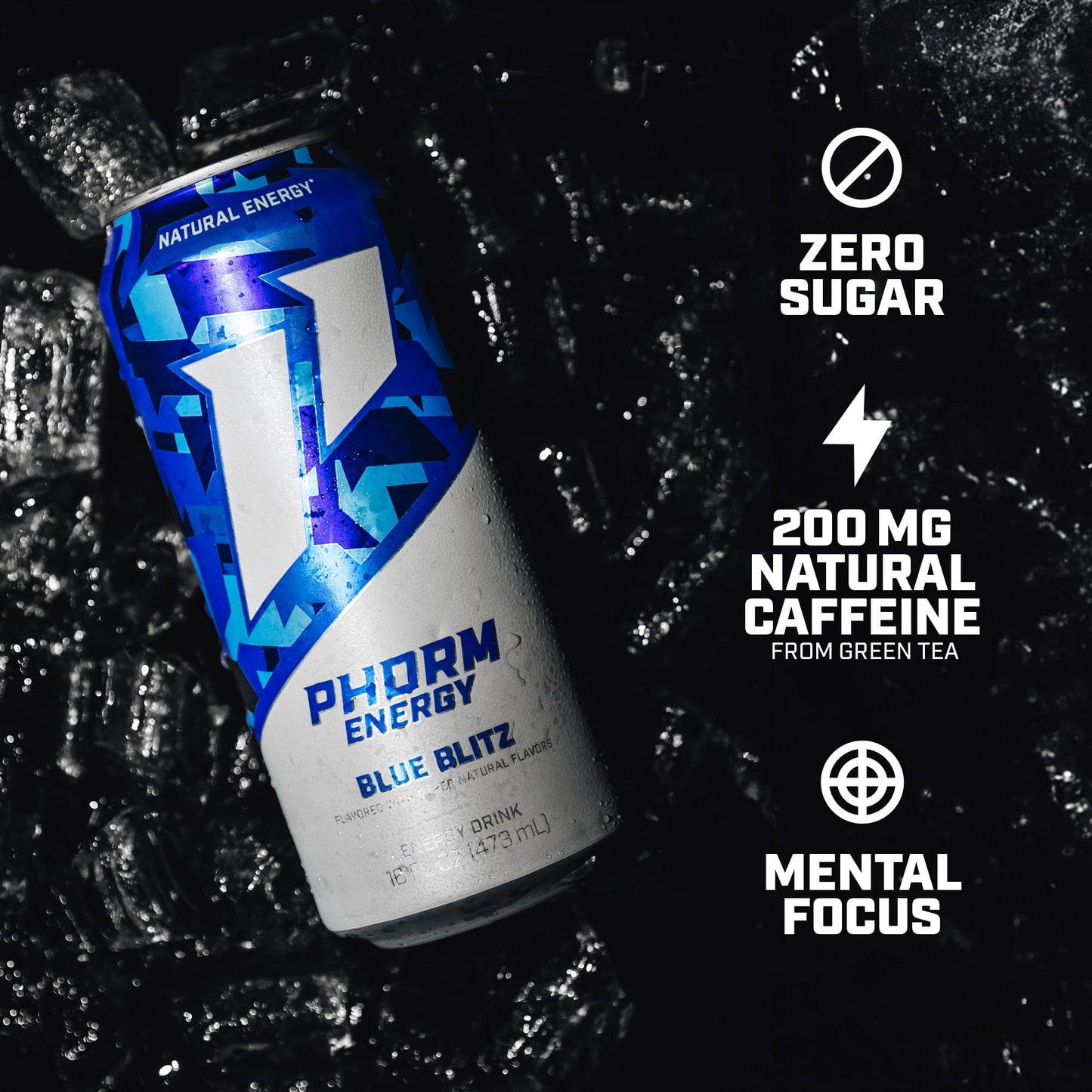 Phorm Energy Drink  Blue Blitz Flavor  200 MG Natural Caffeine From Green Tea  Sugar Free Carbonated Drink With Electrolytes & Vitamin B12  Dairy & Gluten Free  Vegan  16 FL Oz Cans  12 Pack