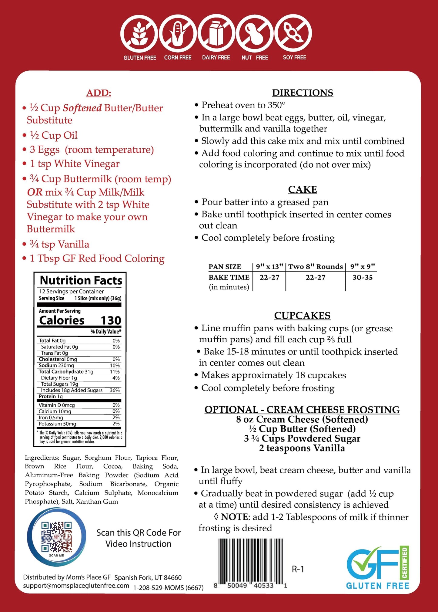 Moms Place Gluten-Free Red Velvet Cake Mix  Nut-Free  Dairy-Free  Soy-Free  12 servings 15.2 oz