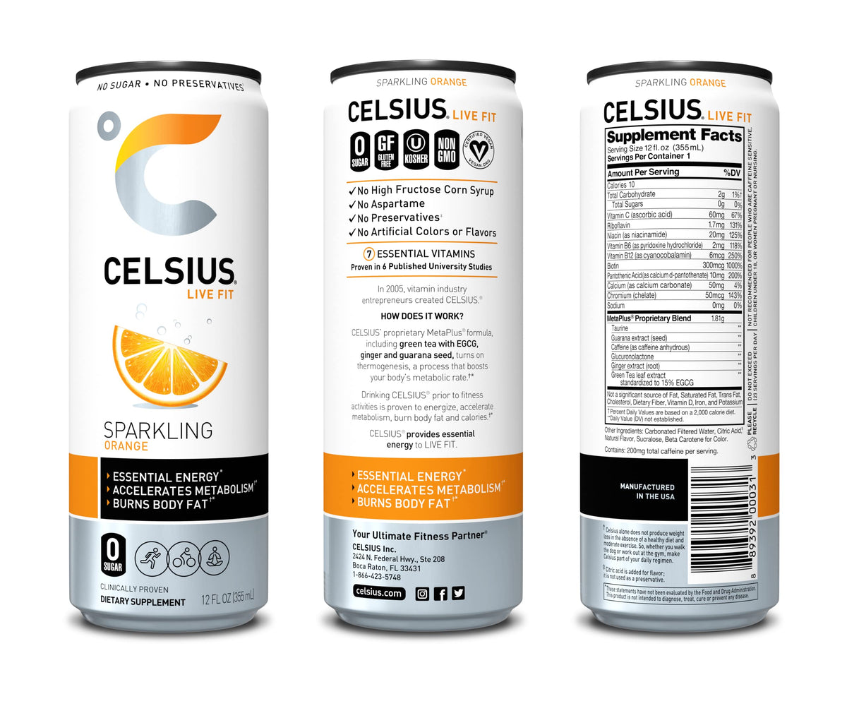 CELSIUS Sparkling Orange, Functional Essential Energy Drink 12 Fl Oz (Pack of 24)