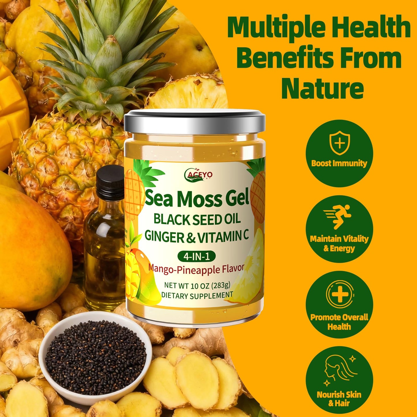 ACEYO Sea Moss Gel 4-in-1  Irish SeaMoss with Black Seed Oil & Ginger Rich in Minerals & Vitamins Immunity & Health Support Non-GMO  Vegan Mango Pineapple Flavor 10 oz (Pack of 1)