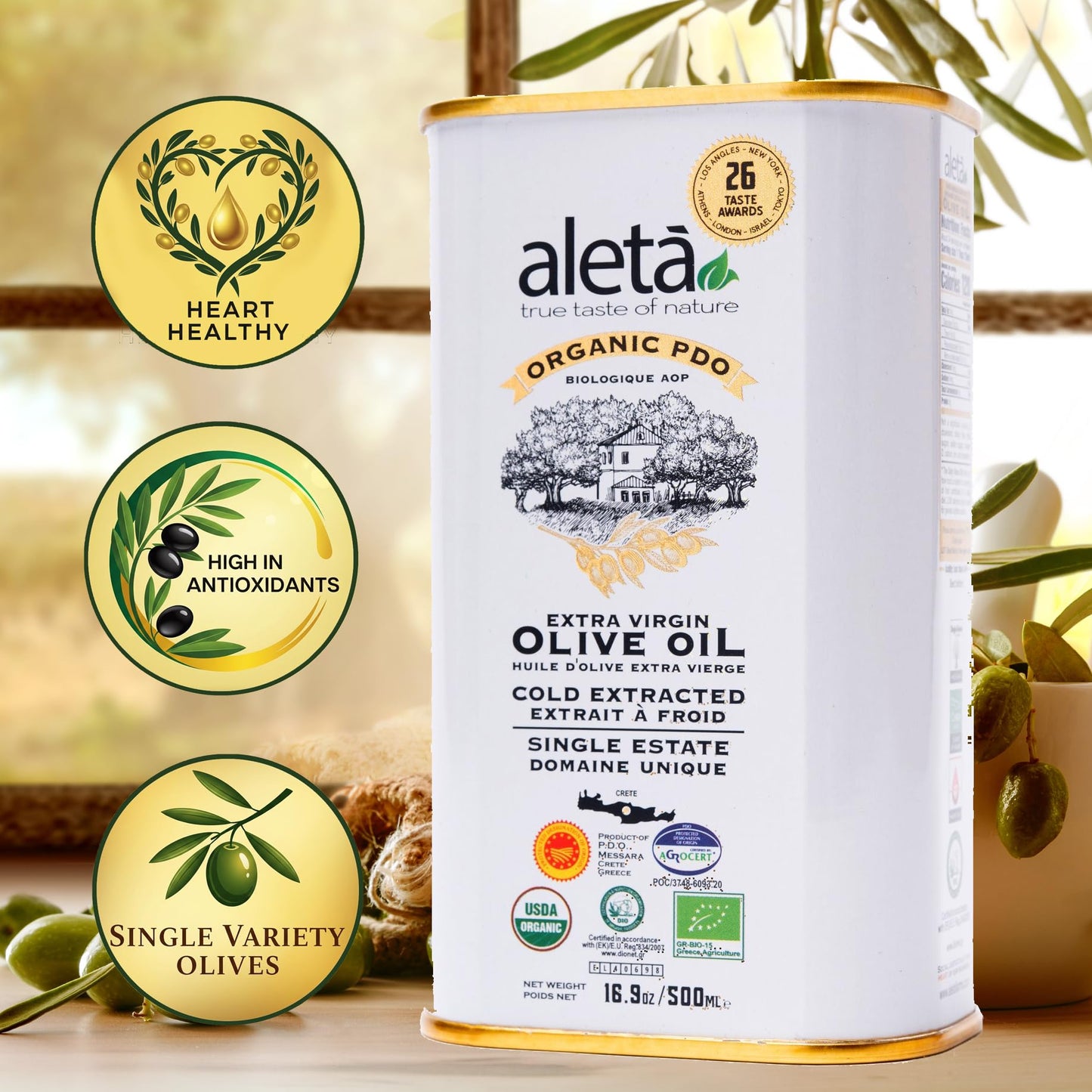 Aleta Farms Extra Virgin Olive Oil, USDA Organic, Cold Pressed, 16.9 Fl Oz (Pack of 2)