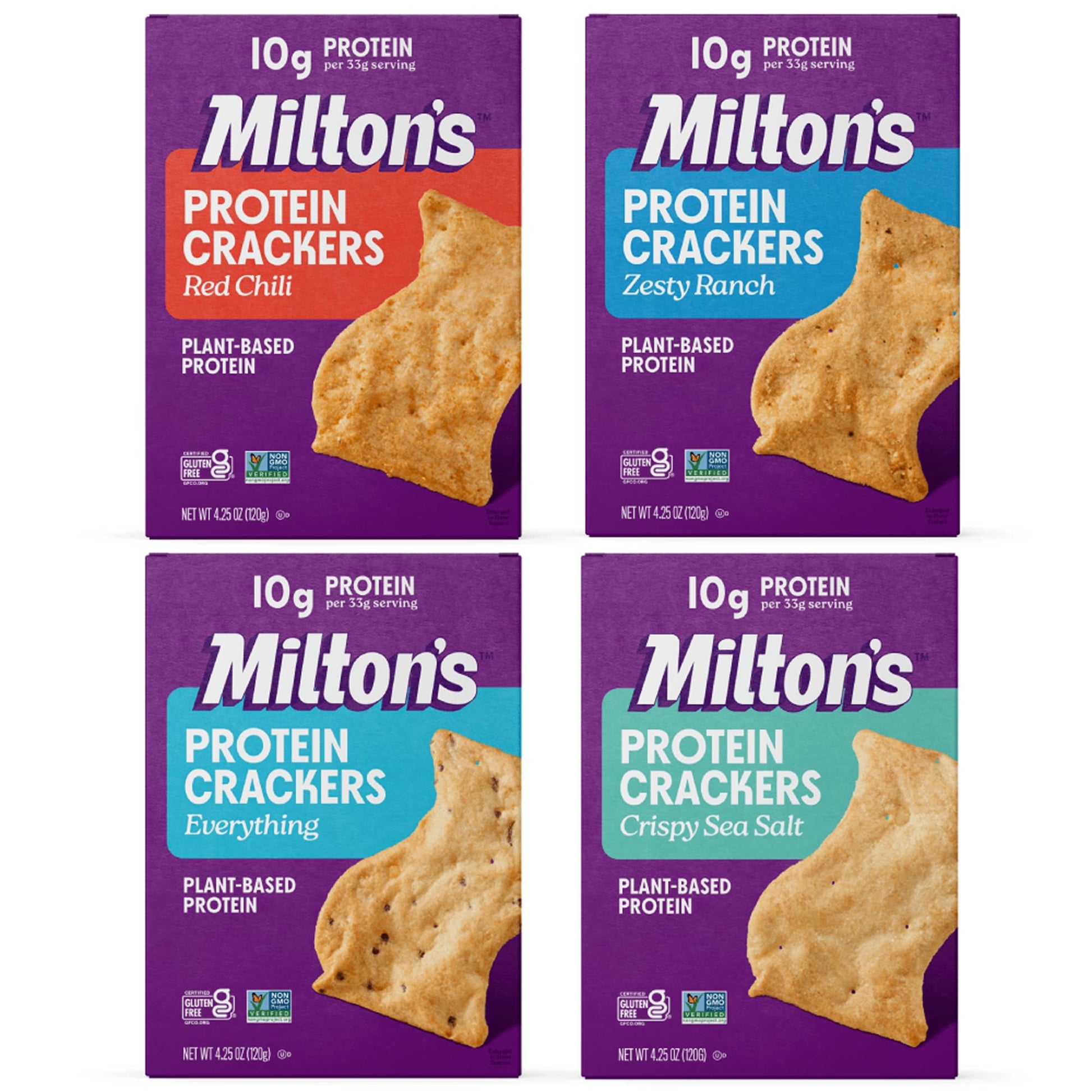 Miltons Protein Crackers Variety Bundle (Red Chili, Zesty Ranch, Everything, Crispy Sea Salt) - 10g of Plant-Based Protein Per 