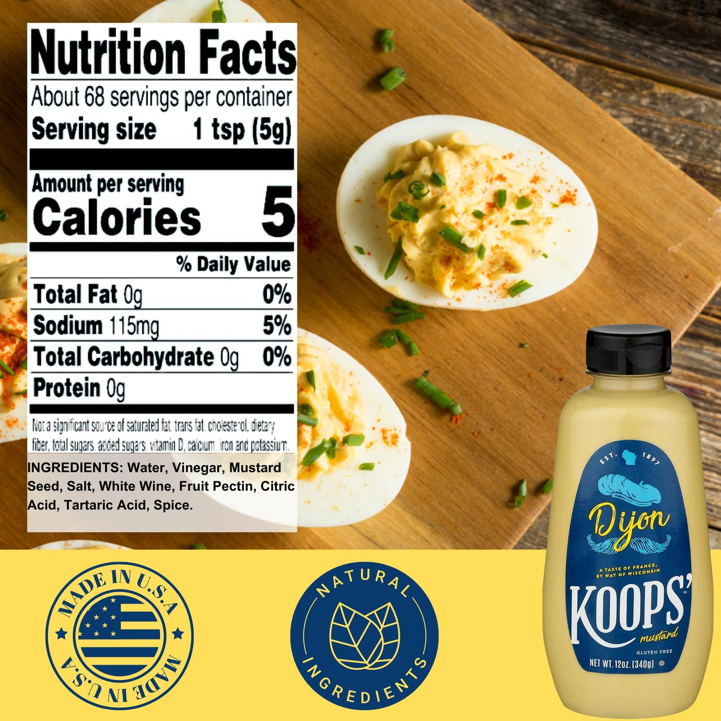Koops Dijon Mustard - French Mustard, Gluten-Free, Kosher, Non-GMO, Made in the USA, From Quality Mustard Seeds, Rich and Delic