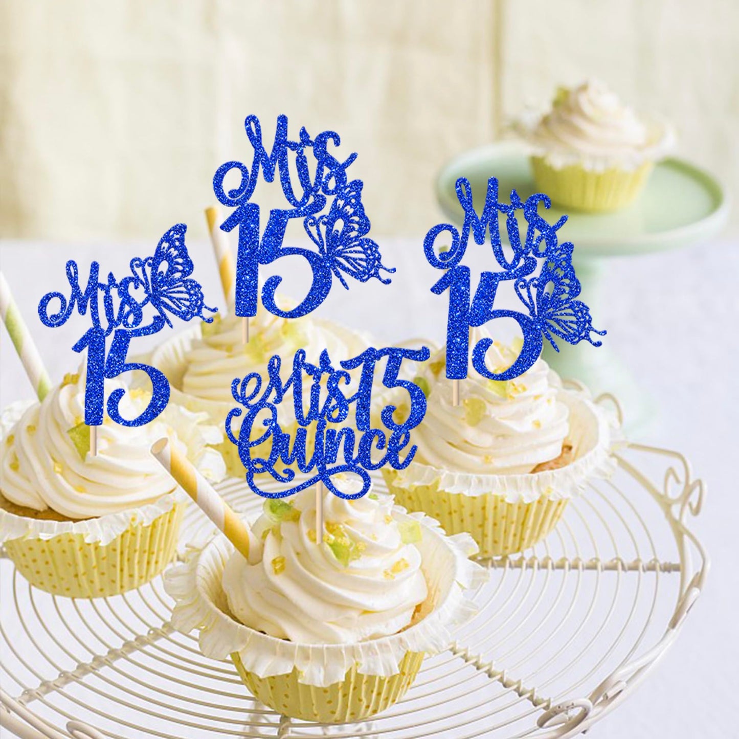 Rssta i Cupcake Toppers 24 Pack for 15th Birthday, Deep Blue Design