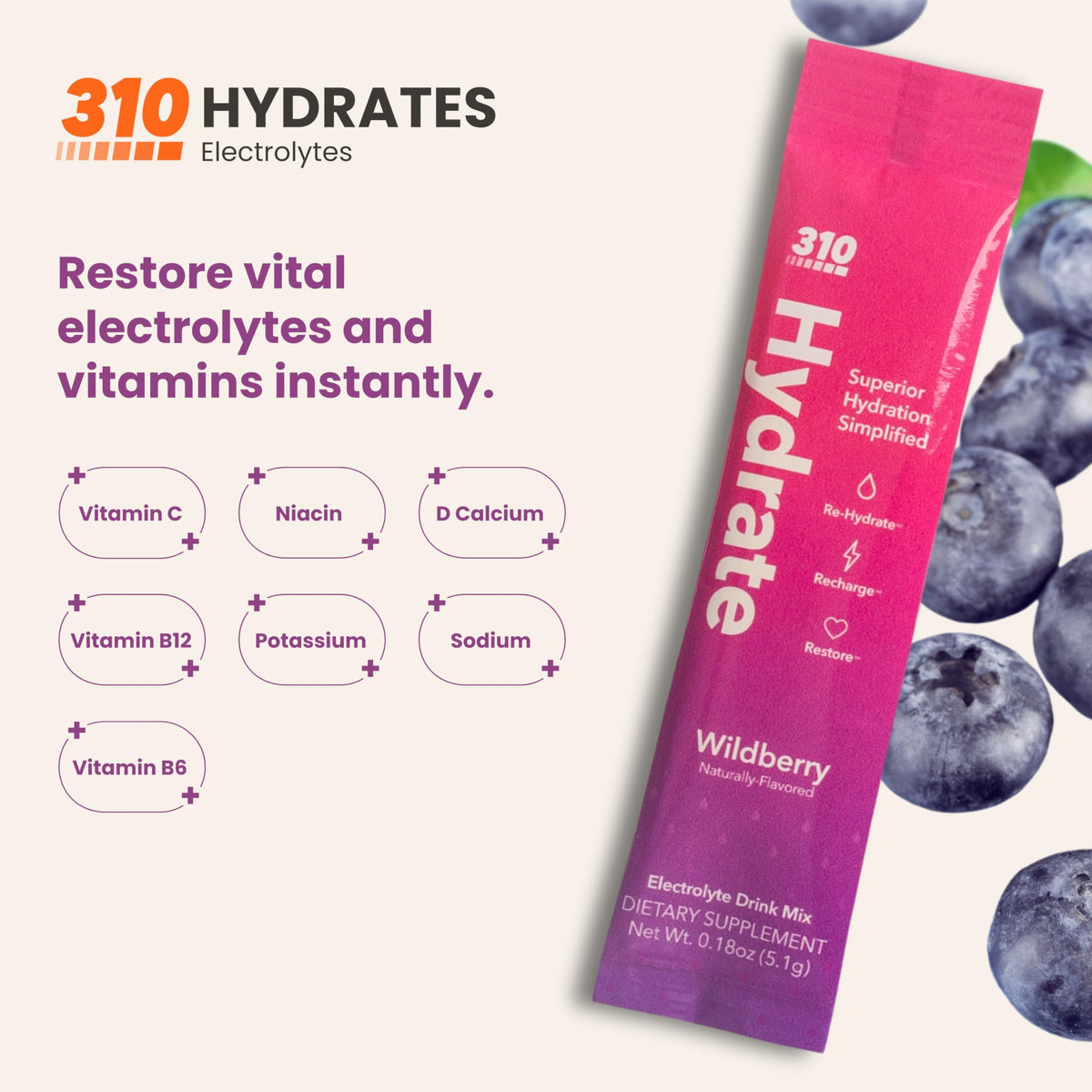 310 Nutrition Hydrate Wildberry Electrolytes Powder - 30 Sugar-Free Servings, Keto Friendly, Packed with Key Vitamins & Minerals