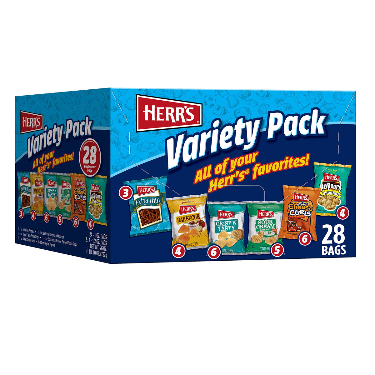 Herrs Snacks Variety Pack, Potato Chips, Pretzels, Popcorn, Cheese Curls, 26Oz Box (28 Bags)