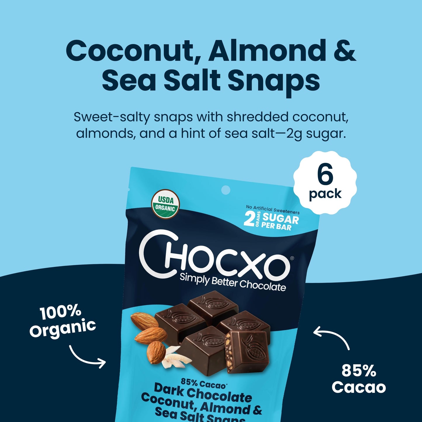 Chocxo Dark Chocolate Coconut Almond & Sea Salt Snaps - Low In Sugar, Organic 85% Cacao, Non-Gmo, Keto Certified, Gluten Free & Kosher. No Artificial Sweeteners Or Sugar  S, 3.45 Oz (Pack Of 6)