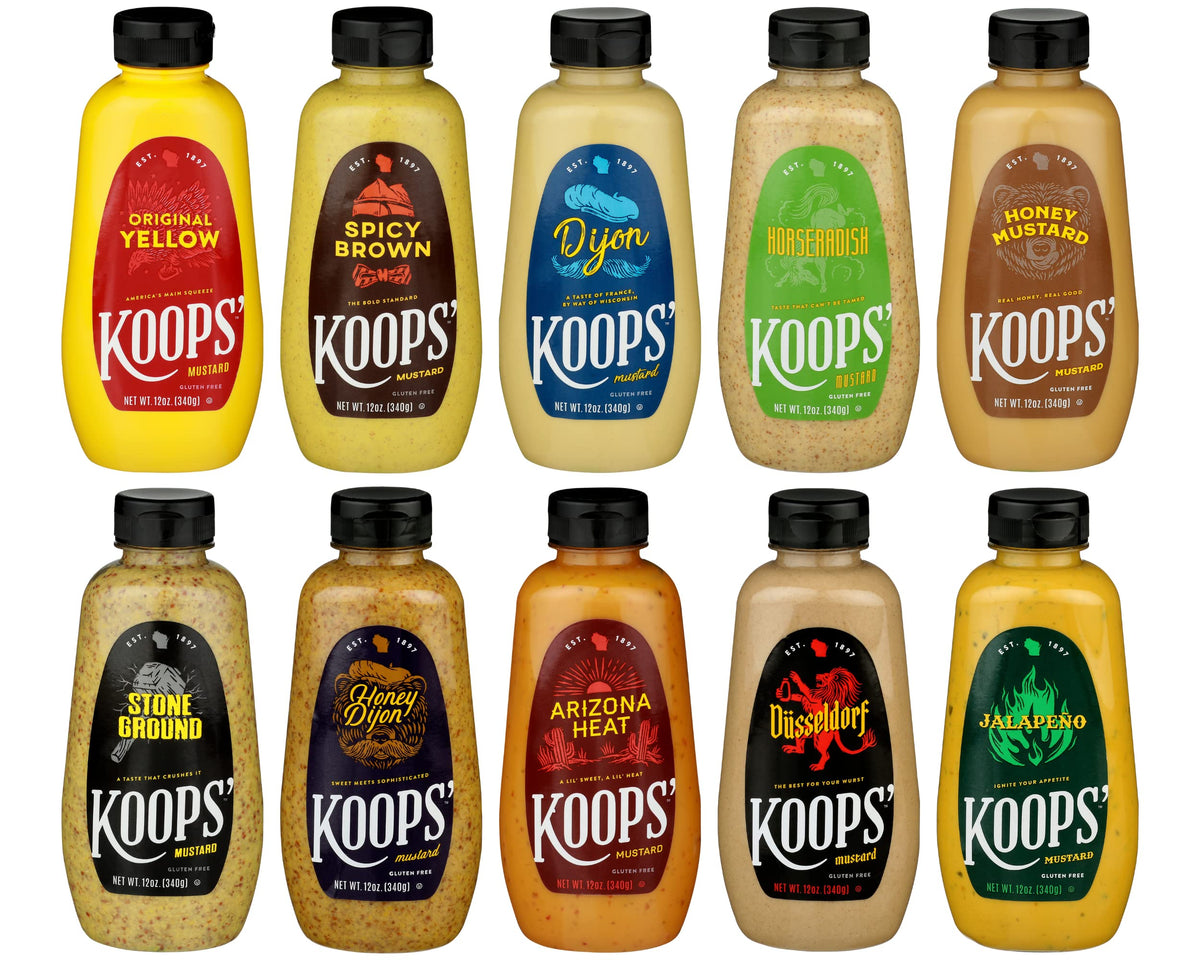 Koops Mustard Variety Pack - Original Yellow, Spicy Brown, Dijon, Honey Mustard, & More - Gluten-Free, Kosher, USDA Organic, Ma