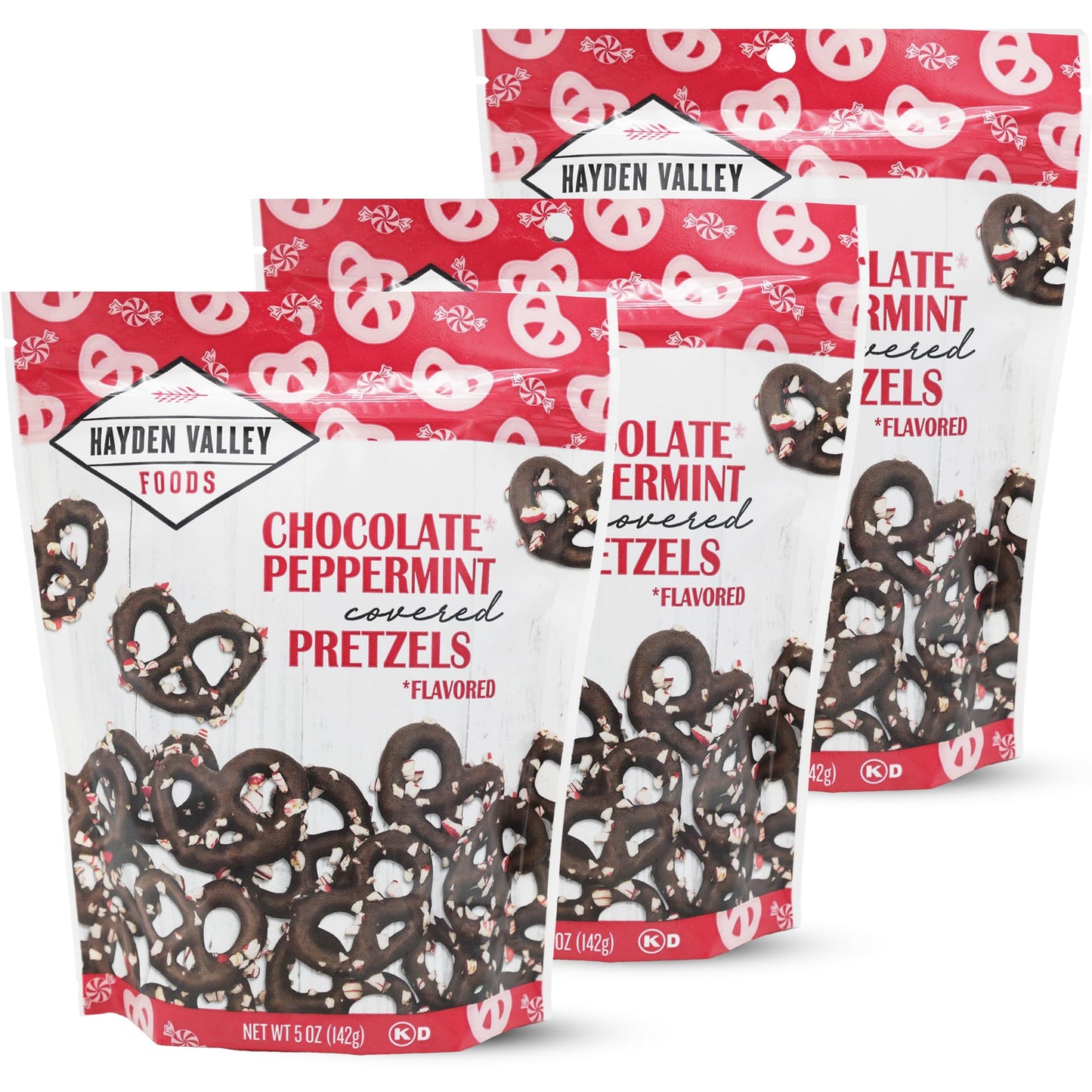 Hayden Valley Foods Chocolate Peppermint Covered Pretzels, 5 oz Bags (Pack of 3), No Artificial Flavors, Perfect Holiday Snack