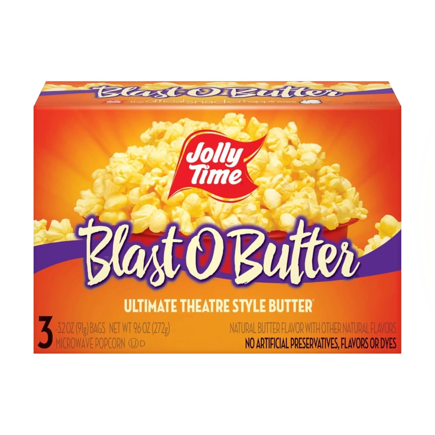 Jolly Time Blast O Butter, Ultimate Movie Theater Butter Microwave Popcorn, 3.2oz Sharing Bag, 3 Bags Per Carton (Blast O Butter, 3.2 Ounce (Carton of 3))