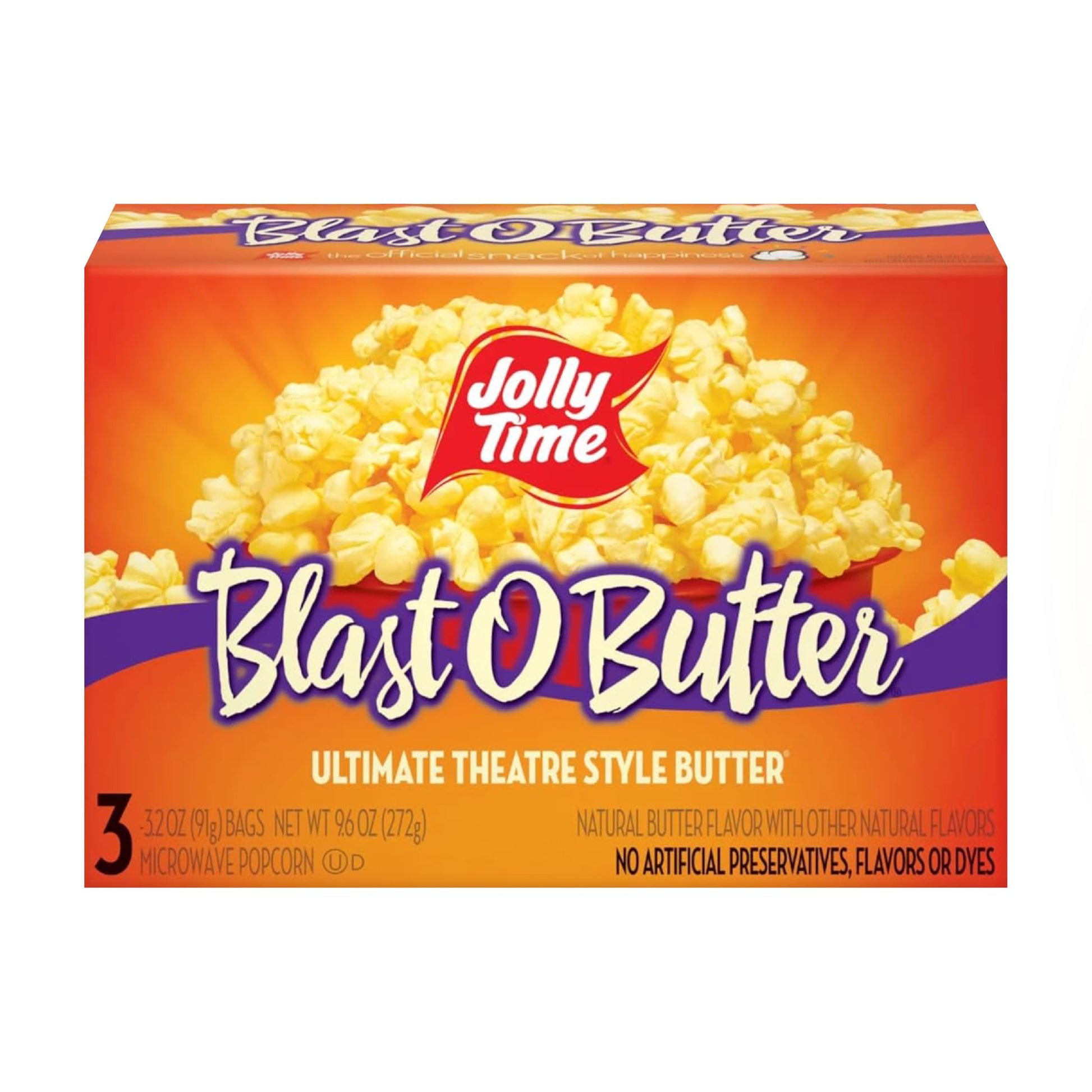 Jolly Time Blast O Butter, Ultimate Movie Theater Butter Microwave Popcorn, 3.2oz Sharing Bag, 3 Bags Per Carton (Blast O Butter, 3.2 Ounce (Carton of 3))