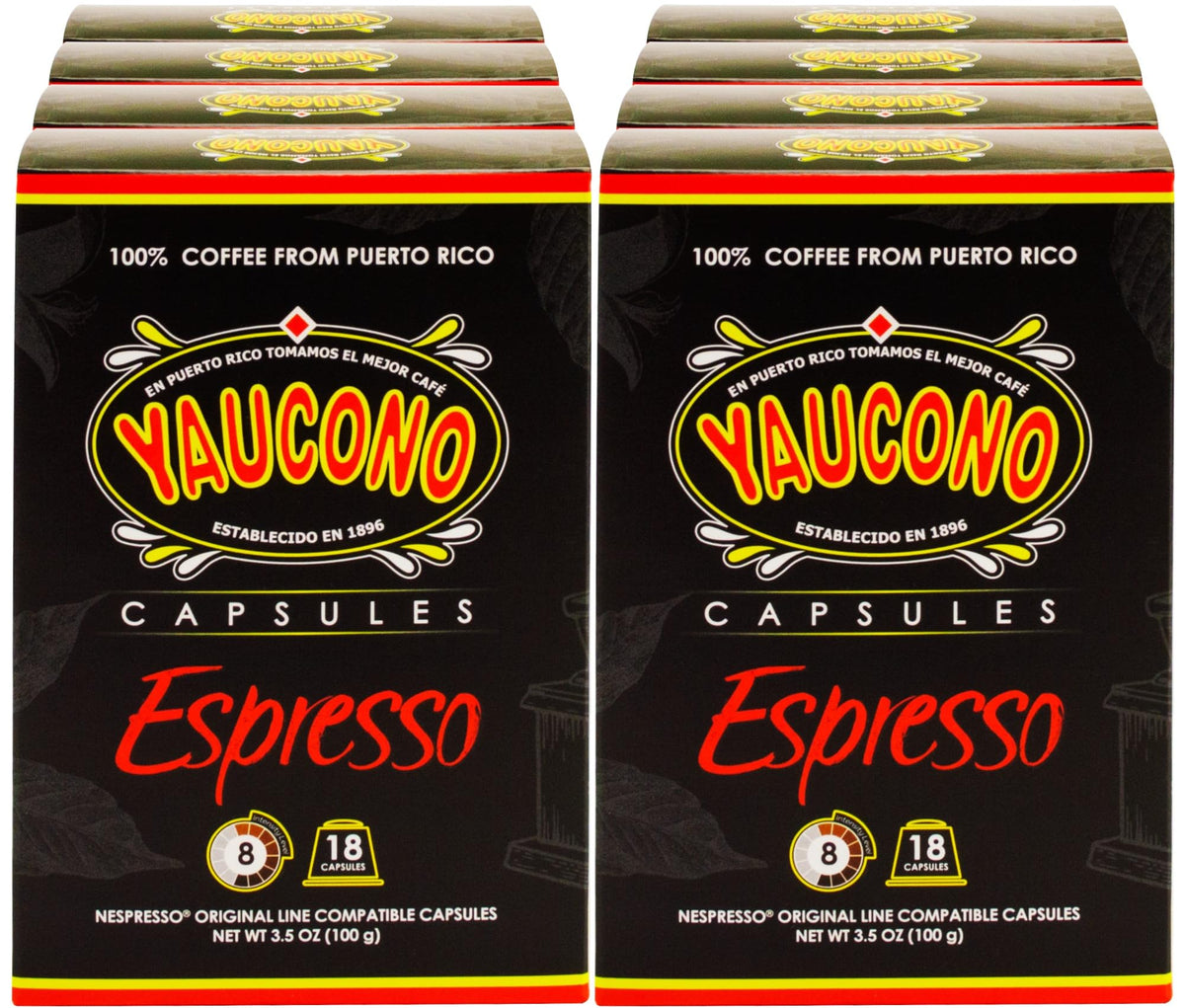 Yaucono Espresso Capsules, Espresso Roast, Compatible with Nespresso, 144 Count (8 Packs of 18)