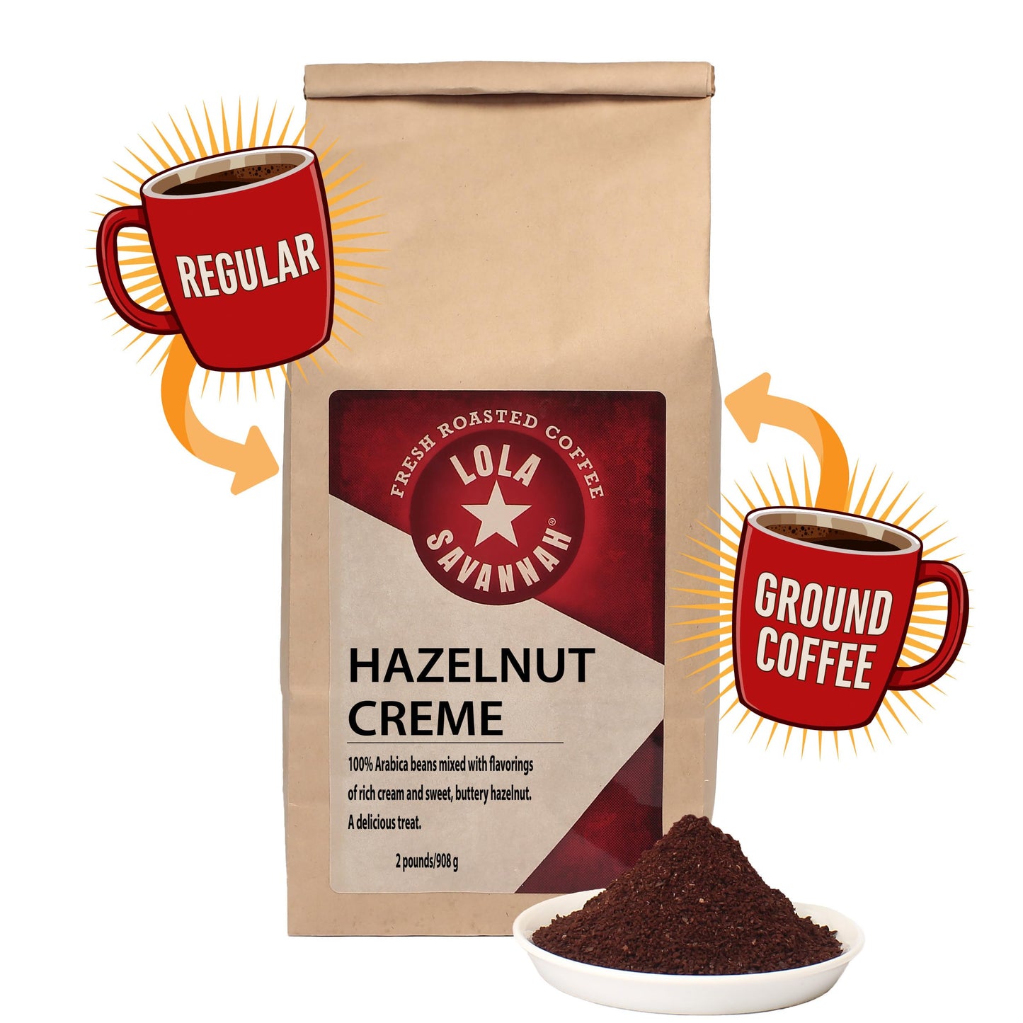Lola Savannah Hazelnut Crème Ground Coffee, 2lb Bag, Premium Arabica Beans, Caffeinated, Black
