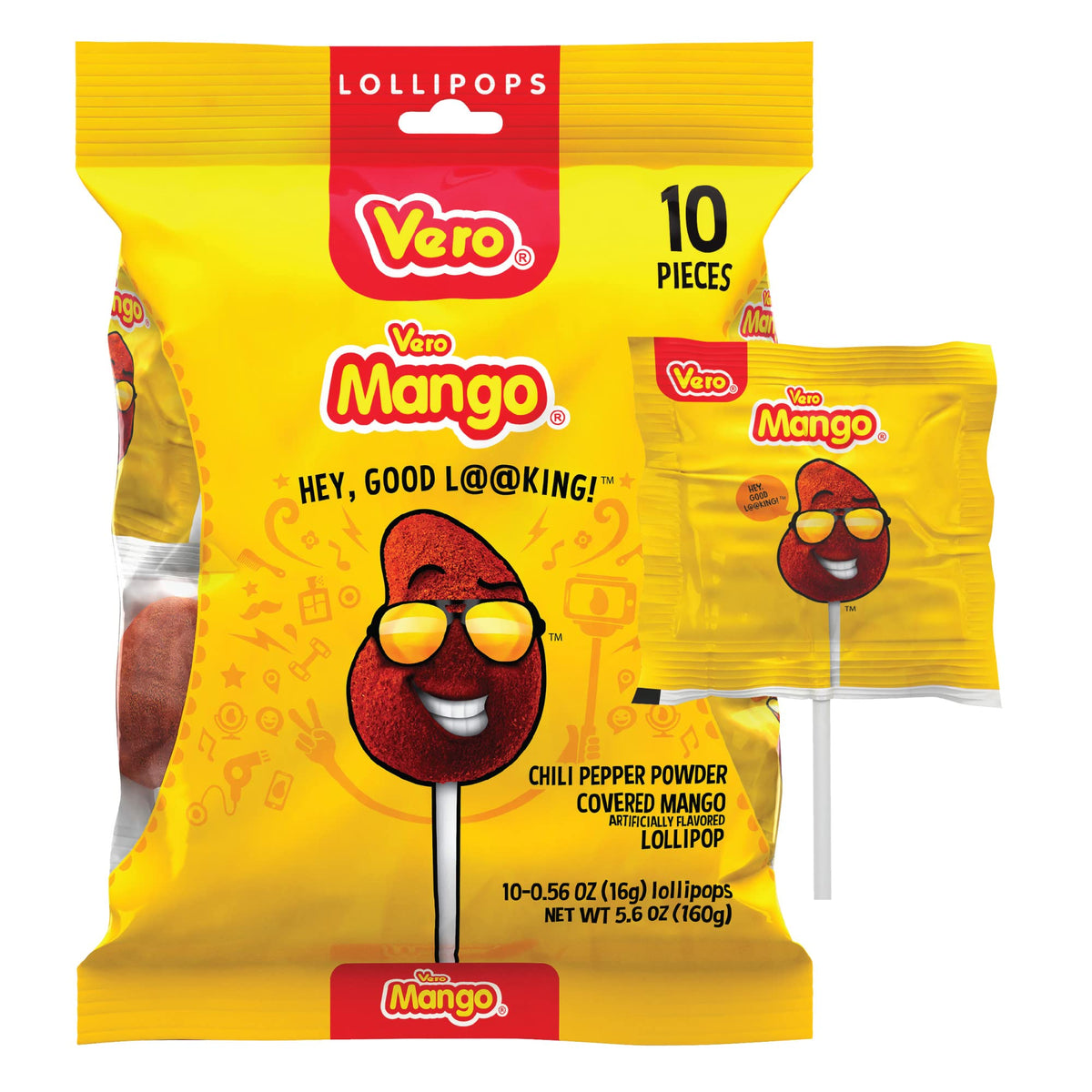 Vero Mango Lollipops Coated With Chili Powder, Hot And Sweet Candy Treat, Artificially Flavored, Net Wt. 5.6 Ounces, 10 Count Ba