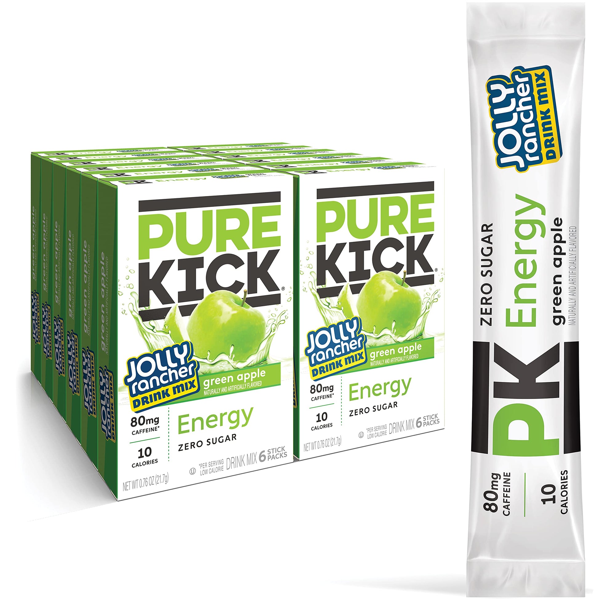 PURE KICK Energy Singles To Go Drink Mix, Jolly Rancher Green Apple, 72 Total Packets (12 Boxes of 6 Packets Each)
