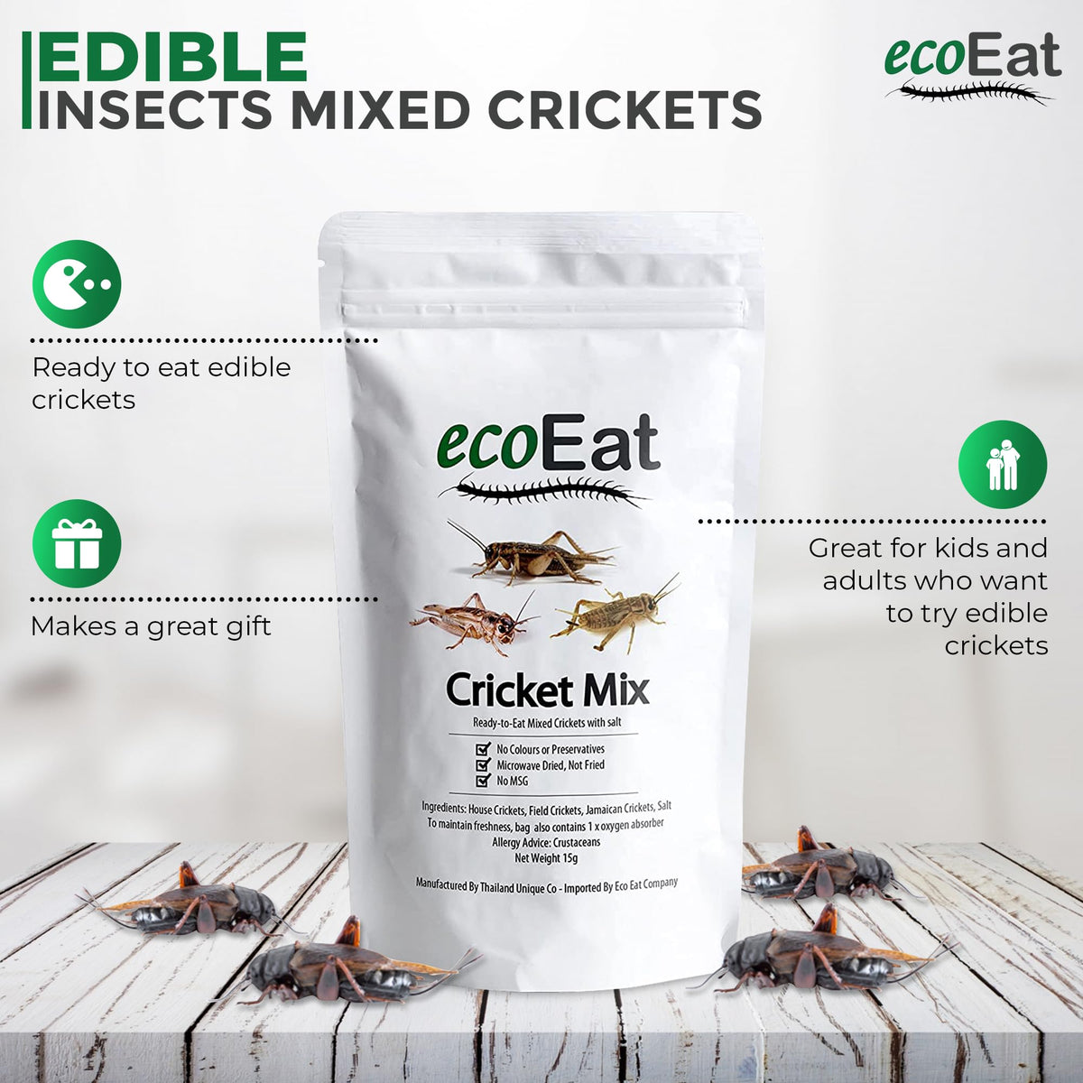 Ecoeat Edible Insects Mixed Crickets 15G Bag - Edible Snack Gift