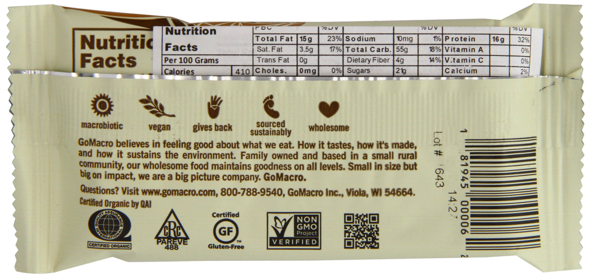 Gomacro Organic Peanut Butter Chocolate Chip, 2.5 Ounce (Pack Of 15)
