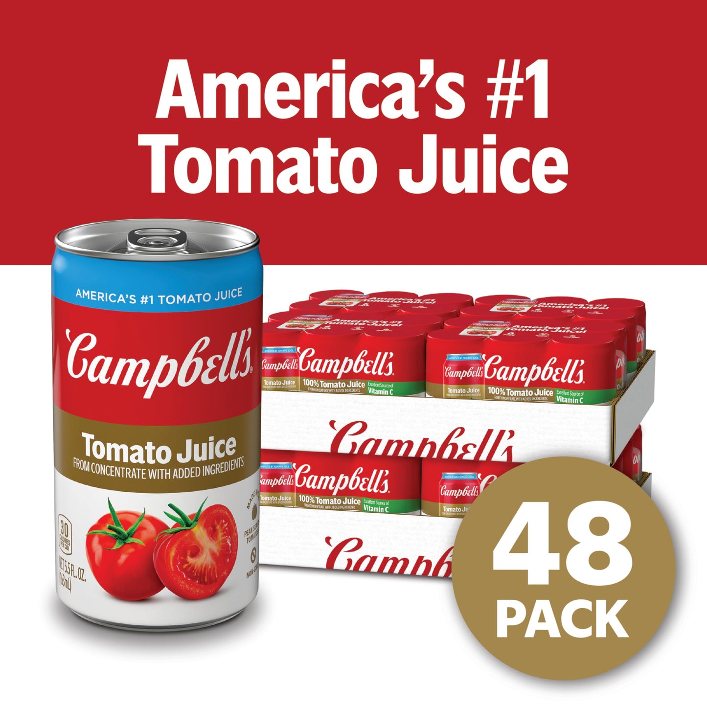 Campbells 100% Tomato Juice, 5.5 fl oz Can, Pack of 48