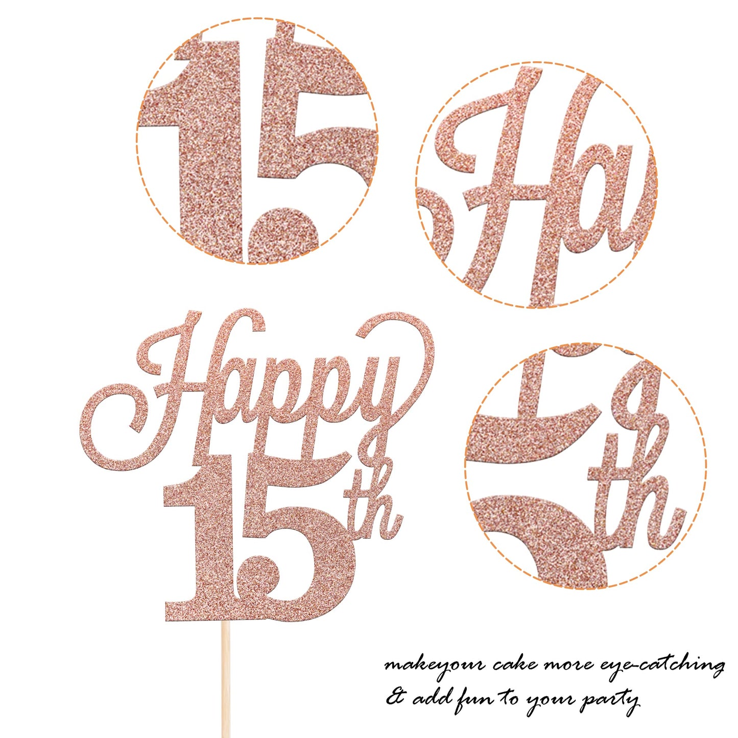 YCTHUNFISH 15th Birthday Cake Topper, Black Glitter Number 15, Rose Gold Bamboo Decorations