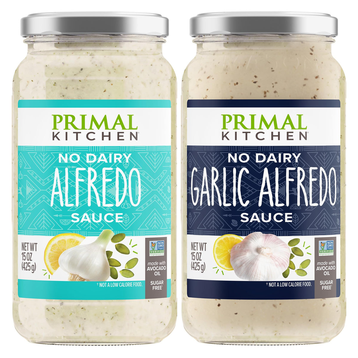 Primal Kitchen No-Dairy Alfredo Pasta Sauce 2-Pack, No Added Sugar, Includes 1 Alfredo Sauce & 1 Garlic Alfredo Sauce