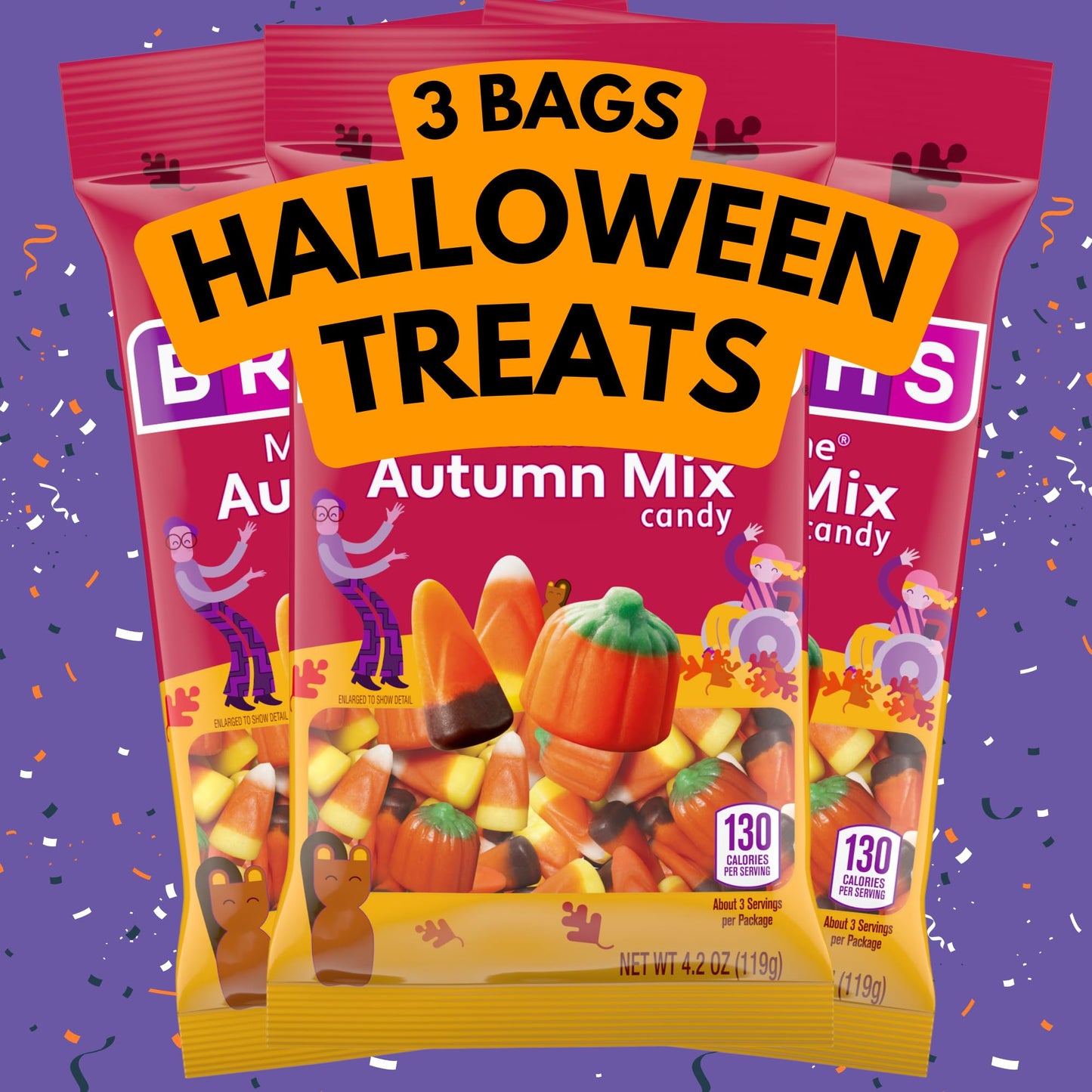 Autumn Mix Candy Corn Individual Packages, Mellowcreme Candies Seasonal Party Favors, Pack of 3, 4.2 Ounces Each