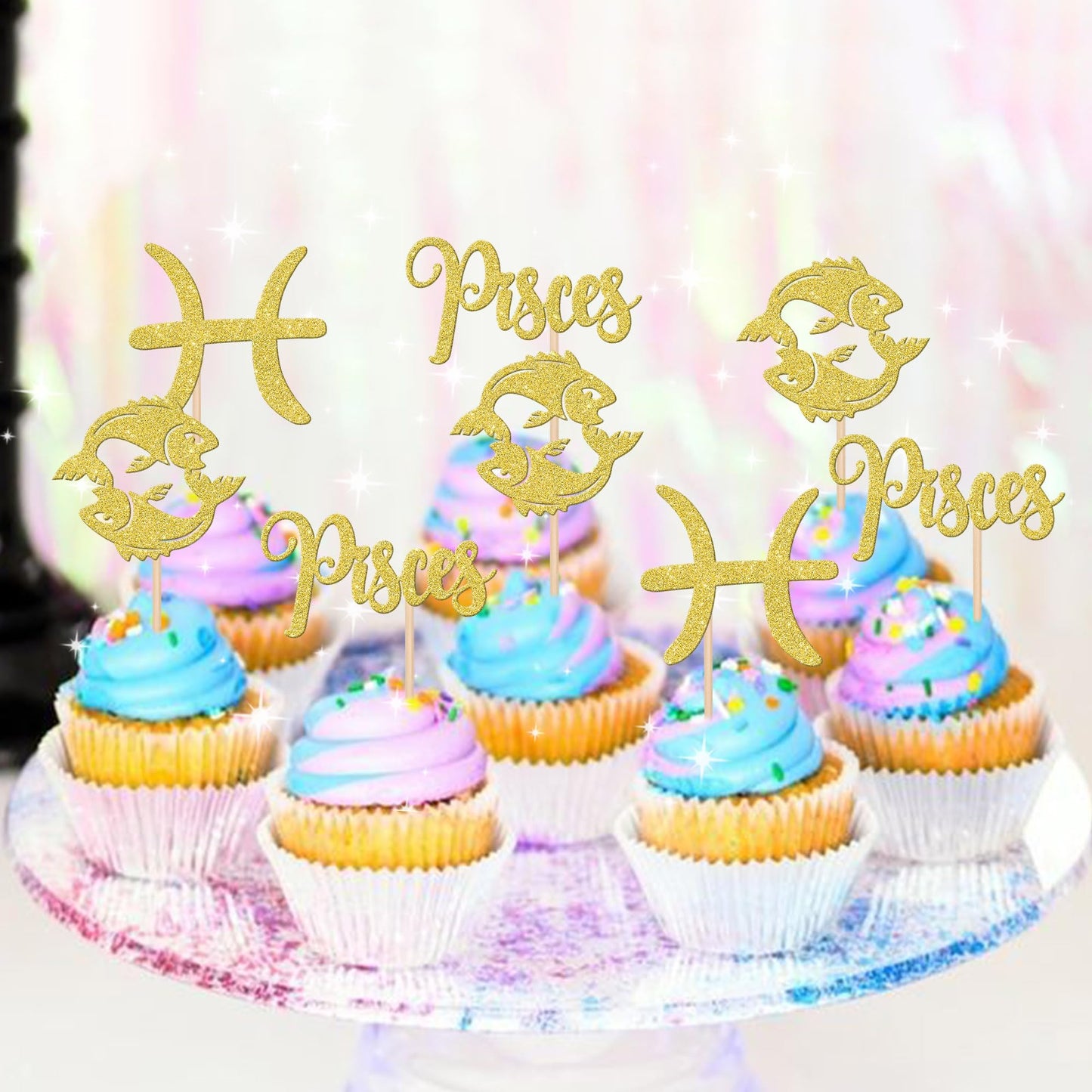 ZHUOWEISM 24 PCS Pisces Cupcake Toppers Glitter Gold Constellation Picks for Birthday Cake Decoration