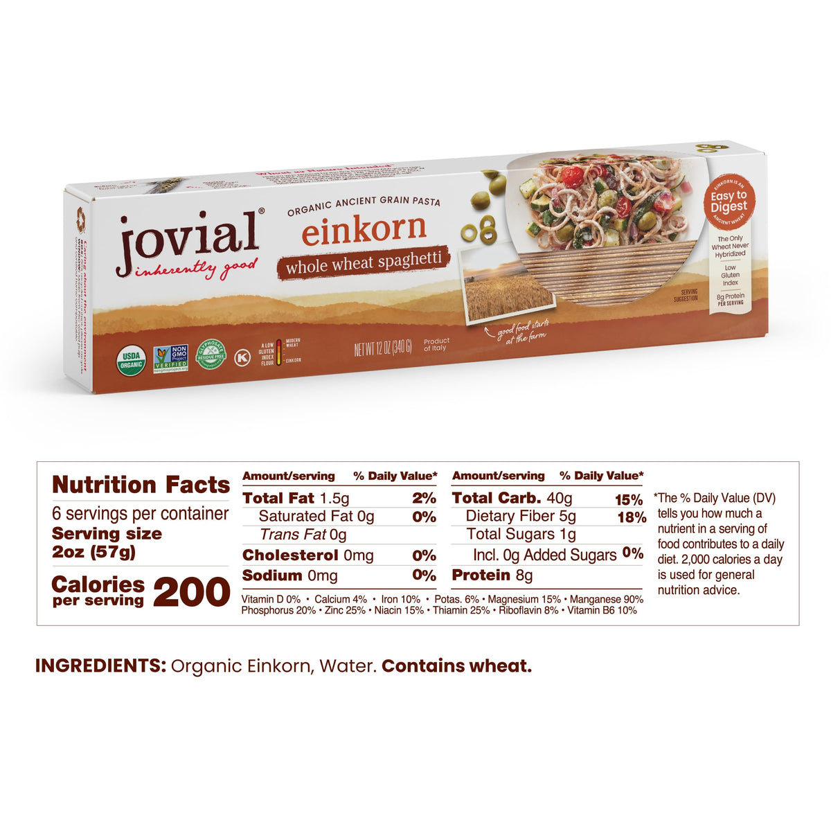 Jovial Spaghetti Einkorn Pasta | Organic Whole Grain Spaghetti | Non-Gmo | High Protein | Lower Carb | Usda Certified Organic | Kosher | Delicious Pasta | Made In Italy | 12 Oz
