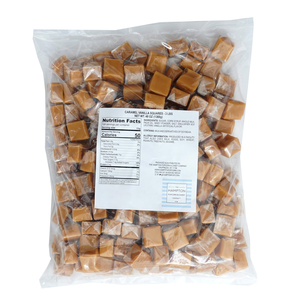 Caramel Squares Candy, 3 Pound Bulk Bag (Approximately 225 Pieces), Vanilla Caramel Cubes, Individually Wrapped Chewy Candy