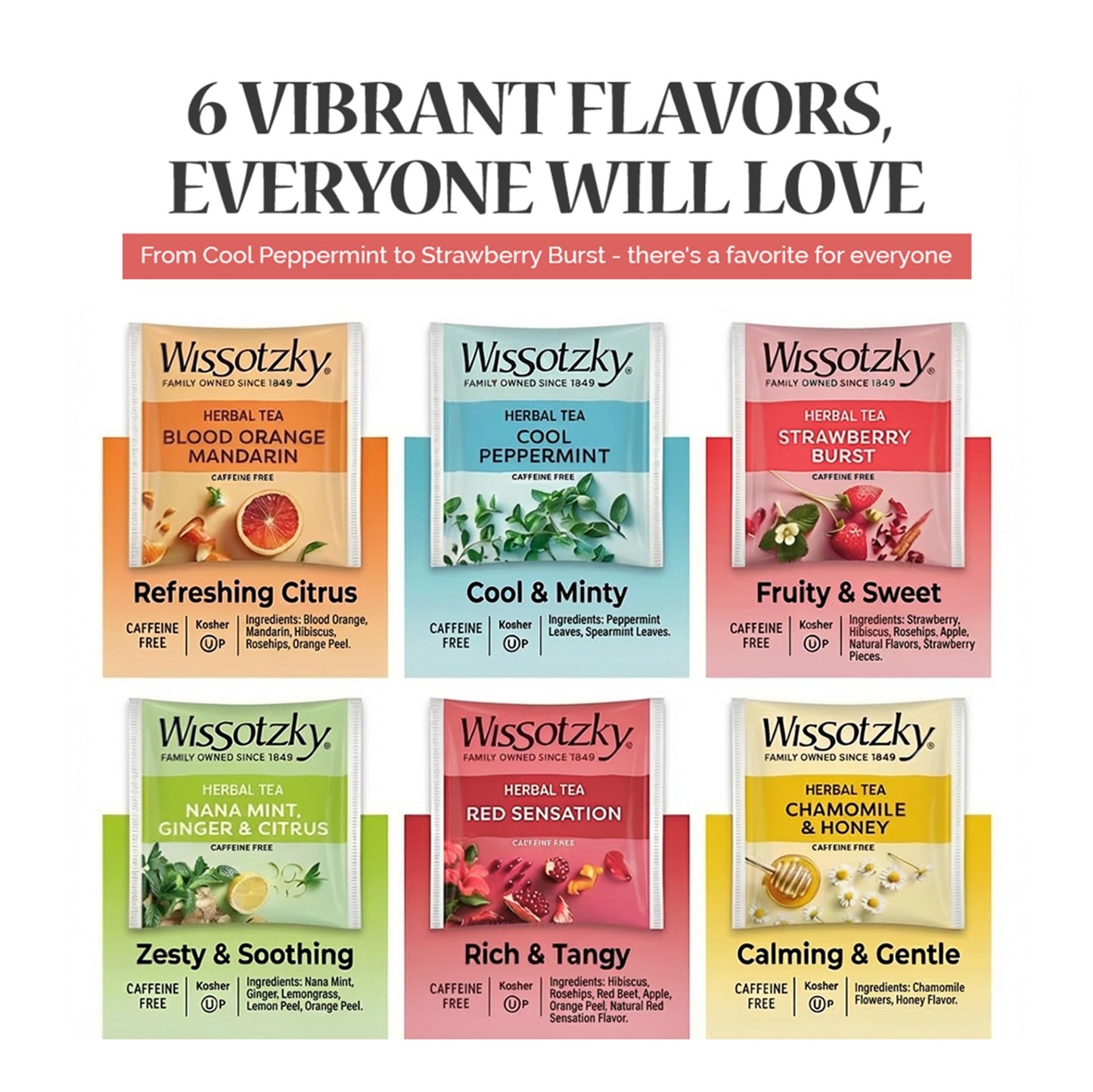 Wissotzky Herbal Tea Variety Pack Sampler - Caffeine-Free Gift Box with 6 Flavors, 42 Individually Wrapped Bags - Ideal for Holidays & Gifting