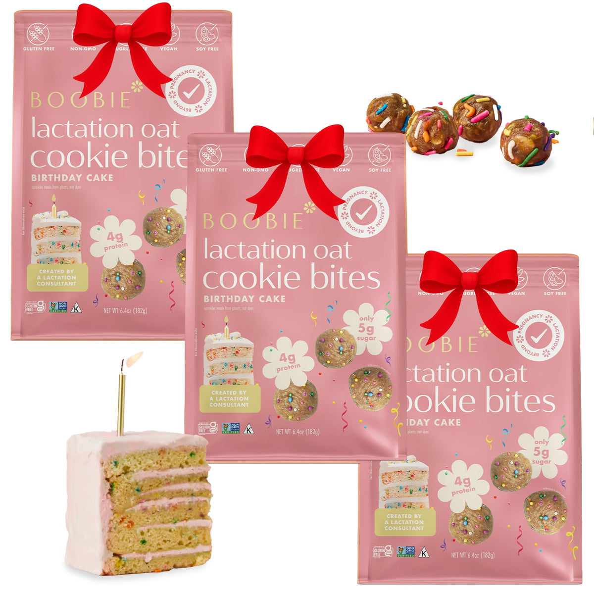 Boobie Lactation Cookies, Birthday Cake | Vegan, Gluten-Free, Dairy-Free, Soy-Free Plant-Based Protein + Prebiotics | 5g Sugar, 