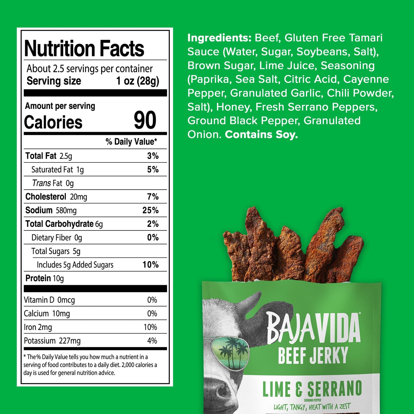 Baja Beef Baja Vida Lime & Serrano Pepper Beef Jerky - Sweet And Spicy Beef Jerky Snack Packs, Healthy Jerky, Gluten-Free, All-N
