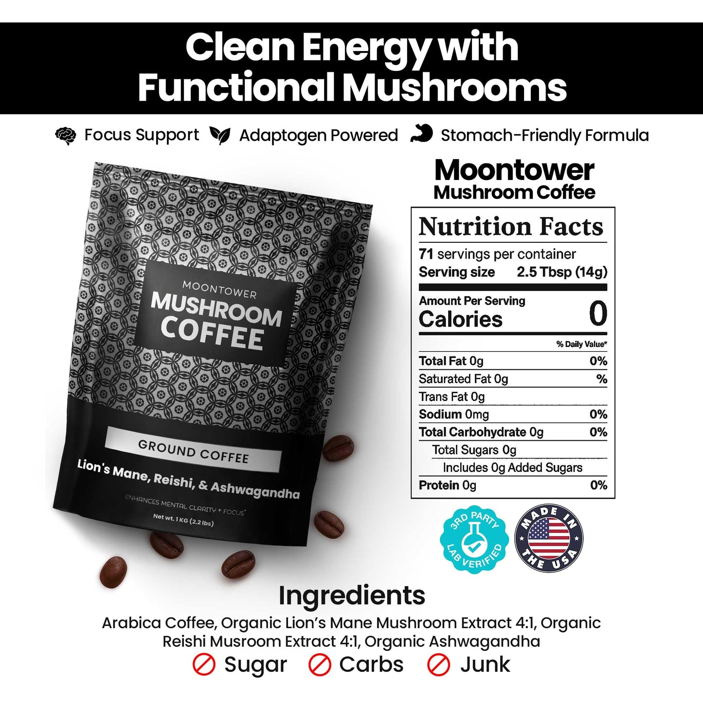 Moontower Mushroom Coffee - Adaptogen Blend with Ashwagandha & Lions Mane, 35 oz Ground Coffee for Focus & Clarity