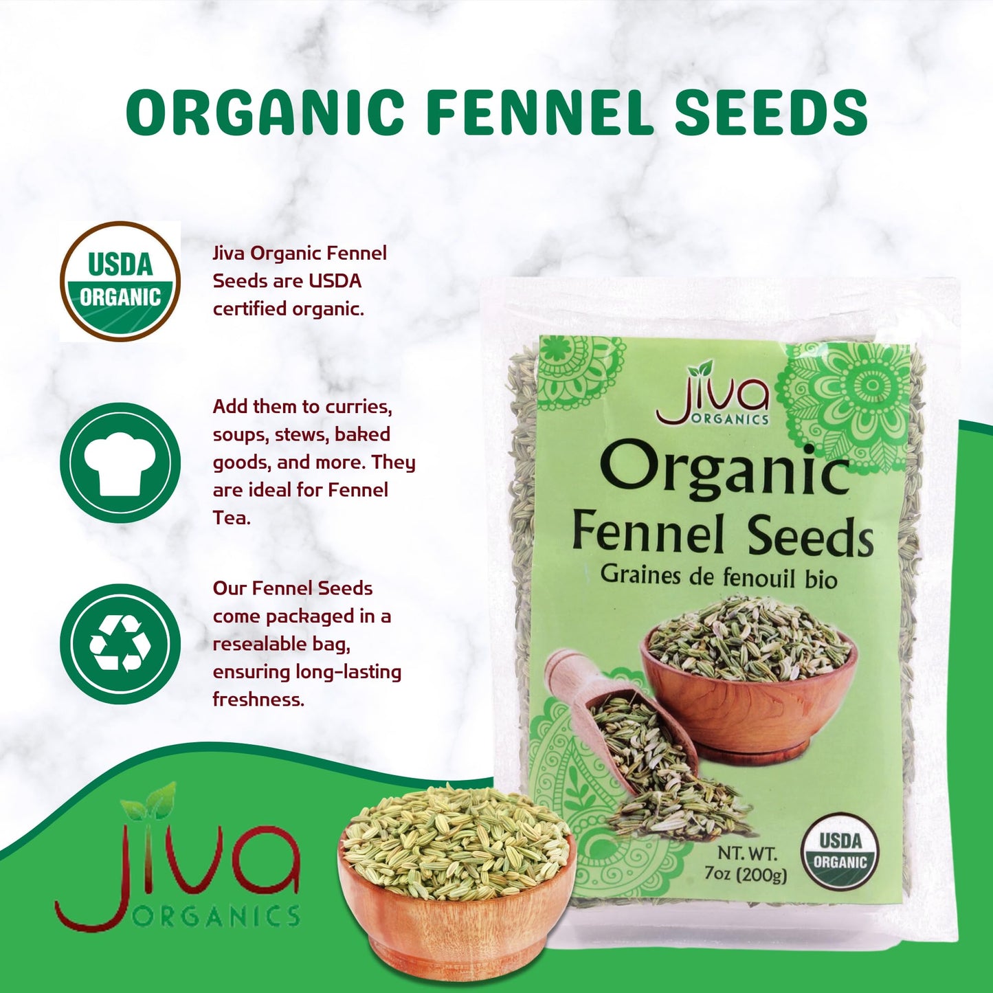 Jiva Organics Fennel Seeds - Non-GMO, Vegan, Resealable Bag - 7 Oz - Product of India