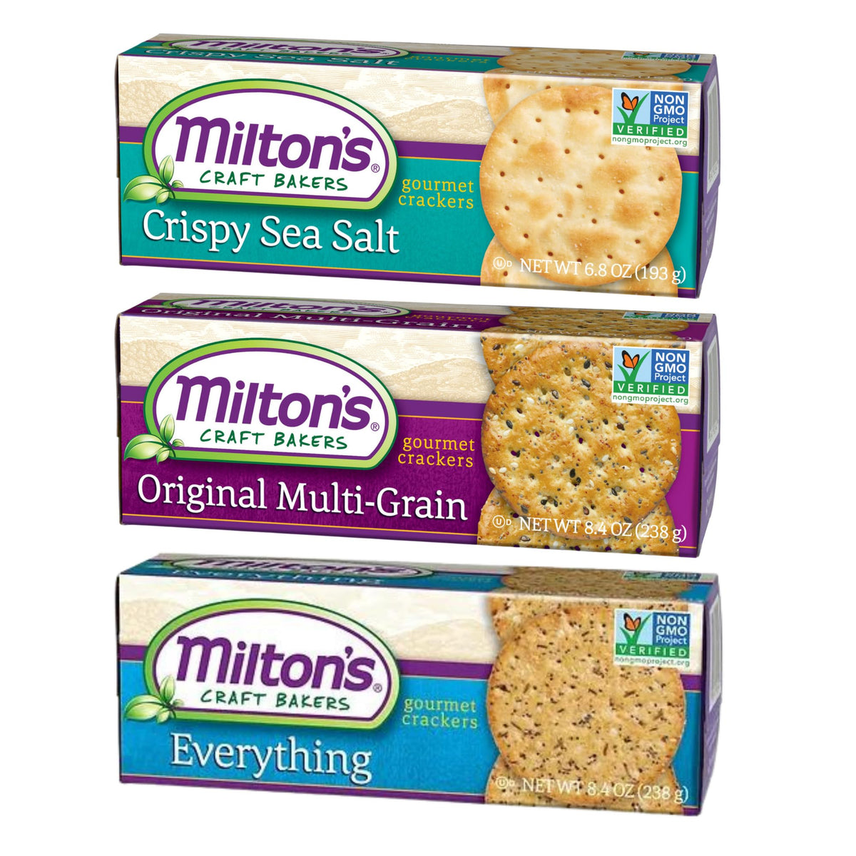 Milton'S Craft Bakers Gourmet Crackers Variety Bundle (Multi-Grain, Everything, Crispy Sea Salt) - Non-Gmo Project Verified, All