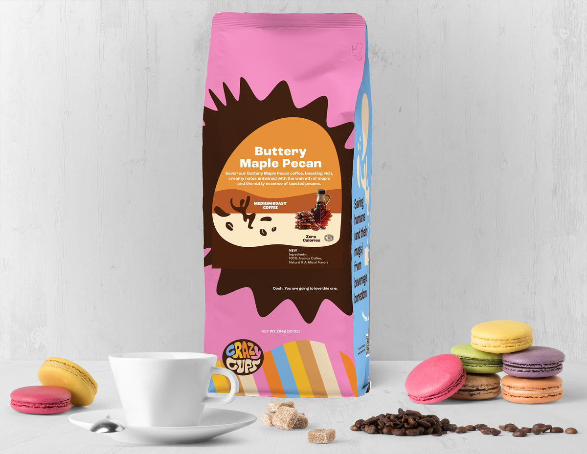 Crazy Cups Flavored Ground Coffee, Buttery Maple Pecan Coffee, For Brewing Flavored Hot Or Iced Pecan Coffee, 10Oz